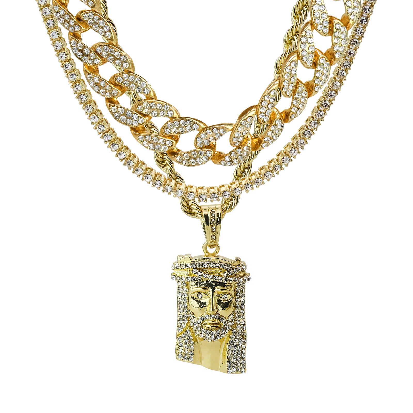 Jesus Piece 4 Pcs Set Clear Cz Cuban, Tennis & Rope Chain Bundle Gold PT