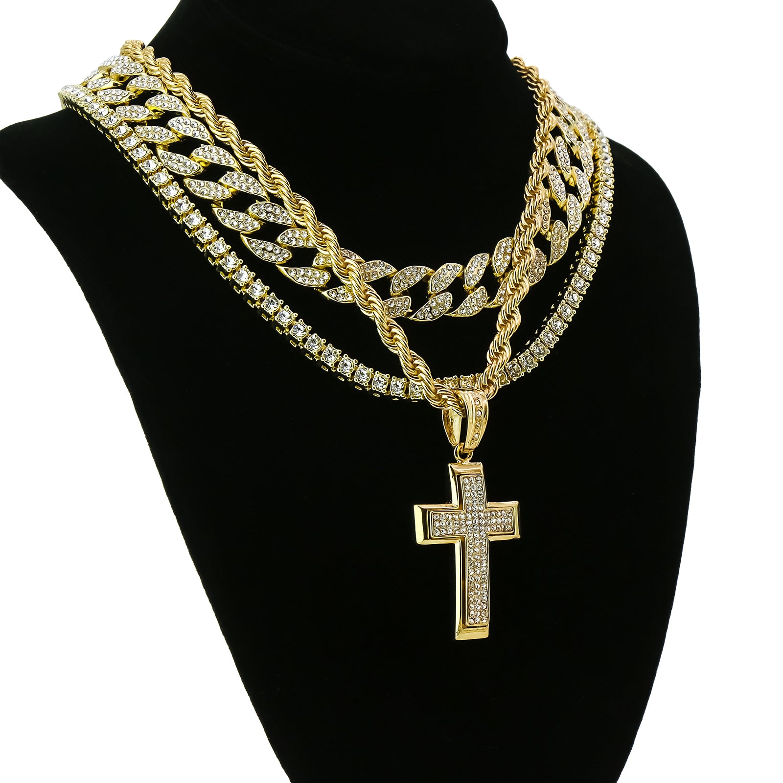 Dome Cross 4 Pcs Set Clear Cz Cuban, Tennis & Rope Chain Bundle Gold PT