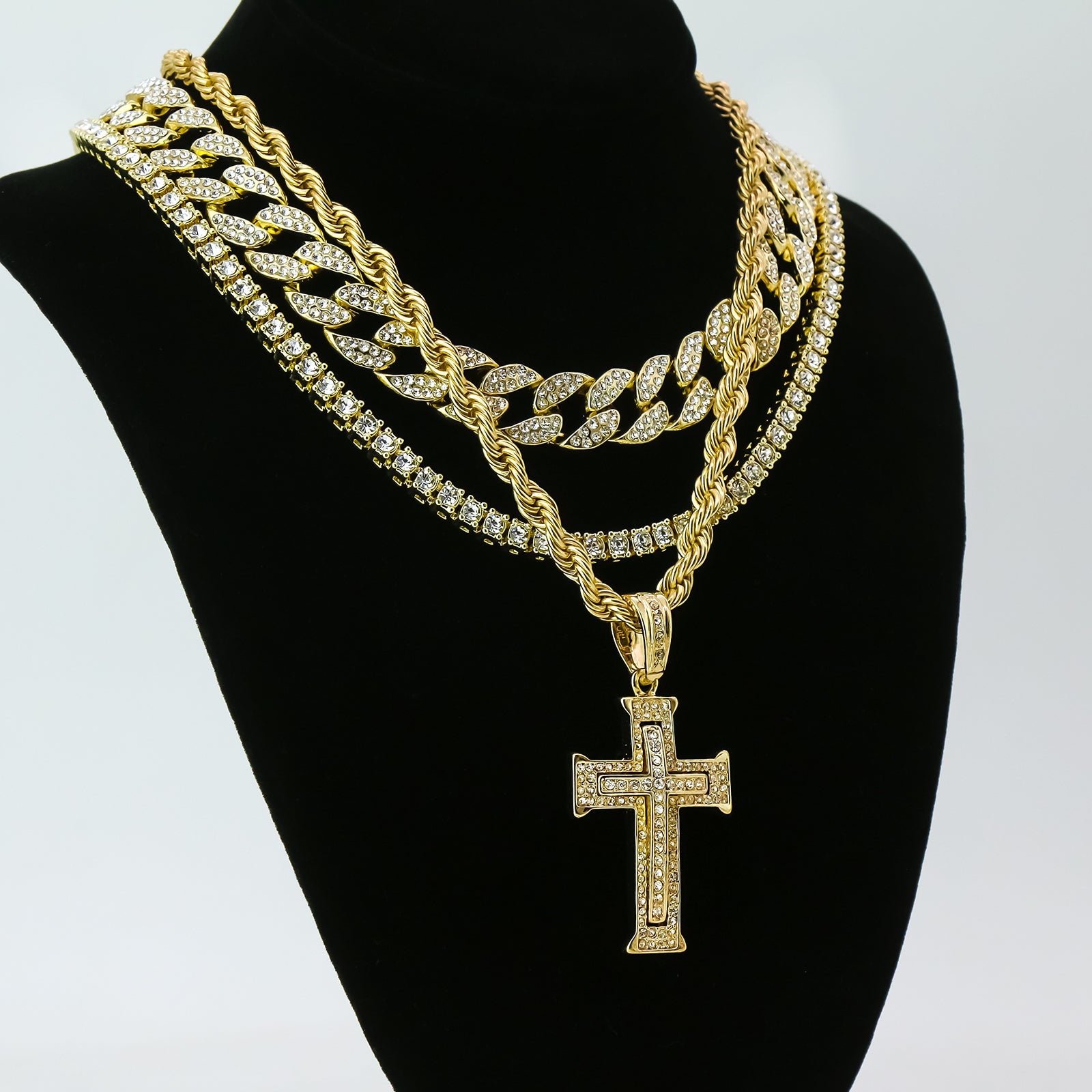 Two Cross 4 Pcs Set Clear Cz Cuban, Tennis & Rope Chain Bundle Gold PT