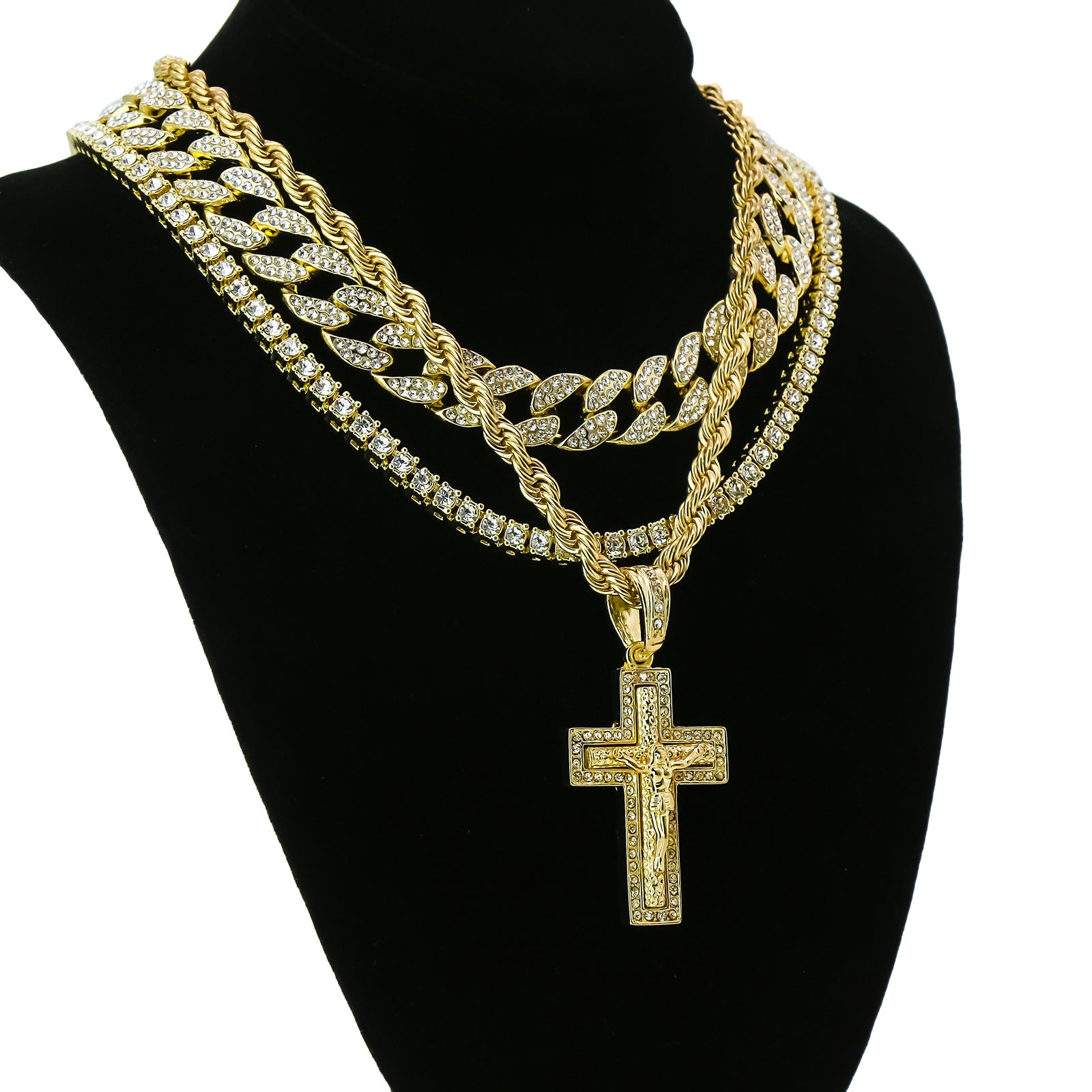 Jesus Cross 4 Pcs Set Clear Cz Cuban, Tennis & Rope Chain Bundle Gold PT