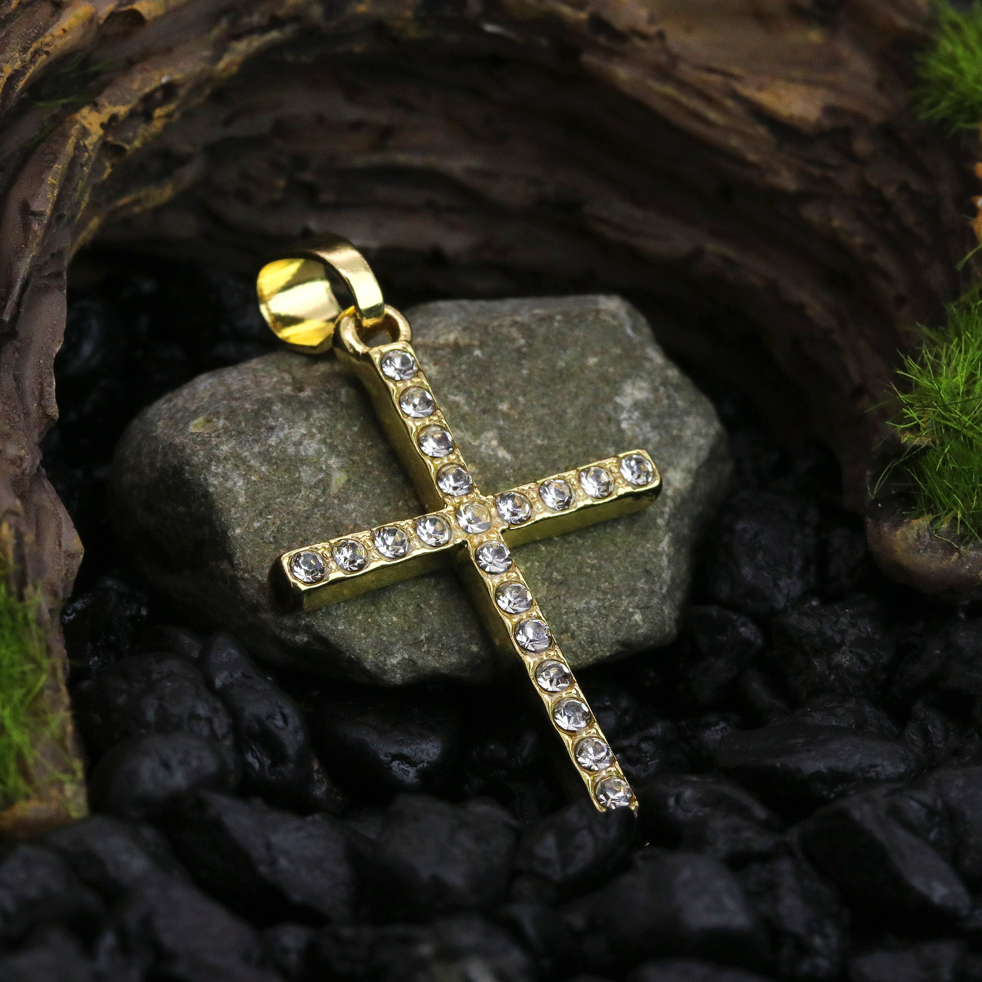 Iced Micro Thin 1 Line Cross Pendant 24" Rope Chain Hip Hop Style 18k Gold PT