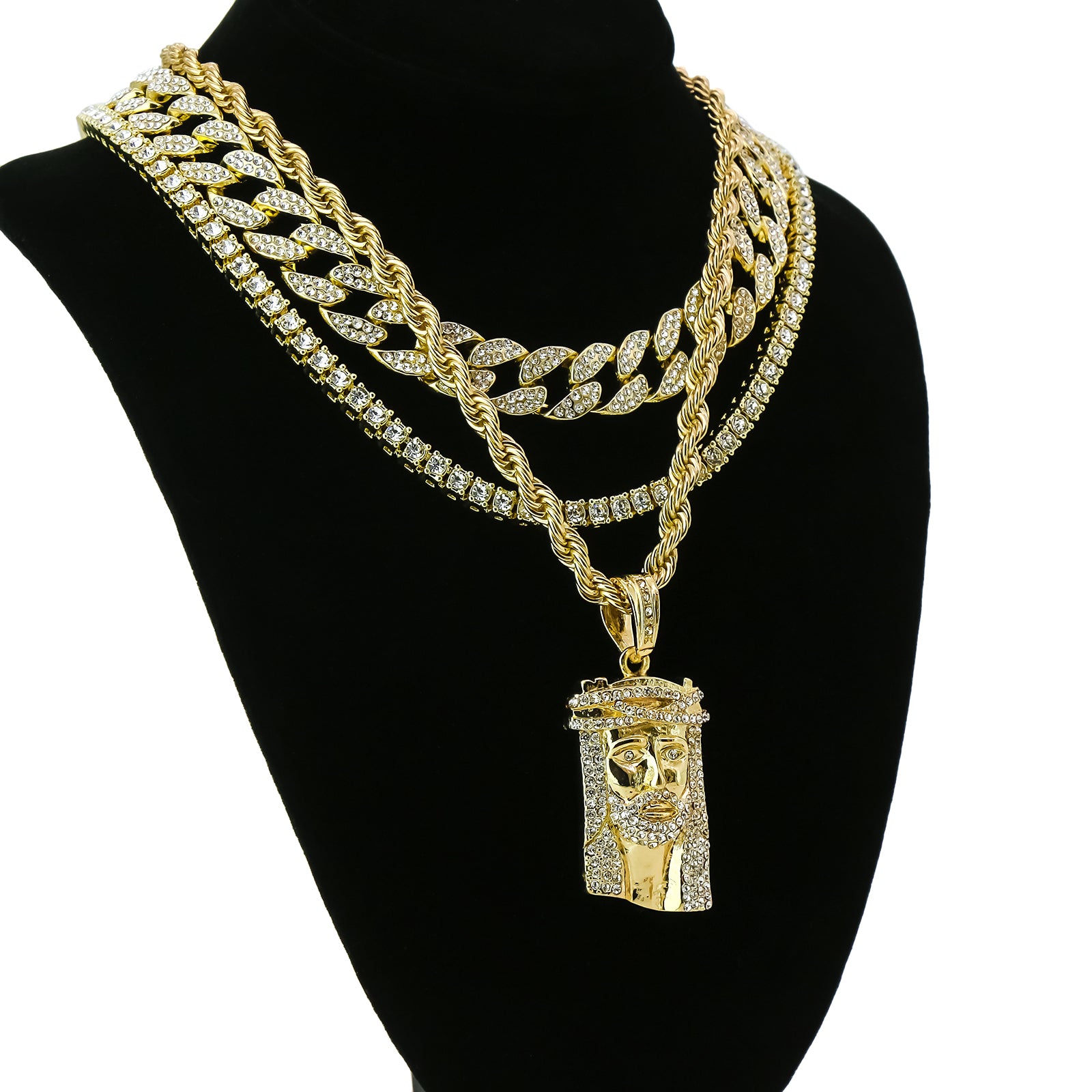 Jesus Piece 4 Pcs Set Clear Cz Cuban, Tennis & Rope Chain Bundle Gold PT