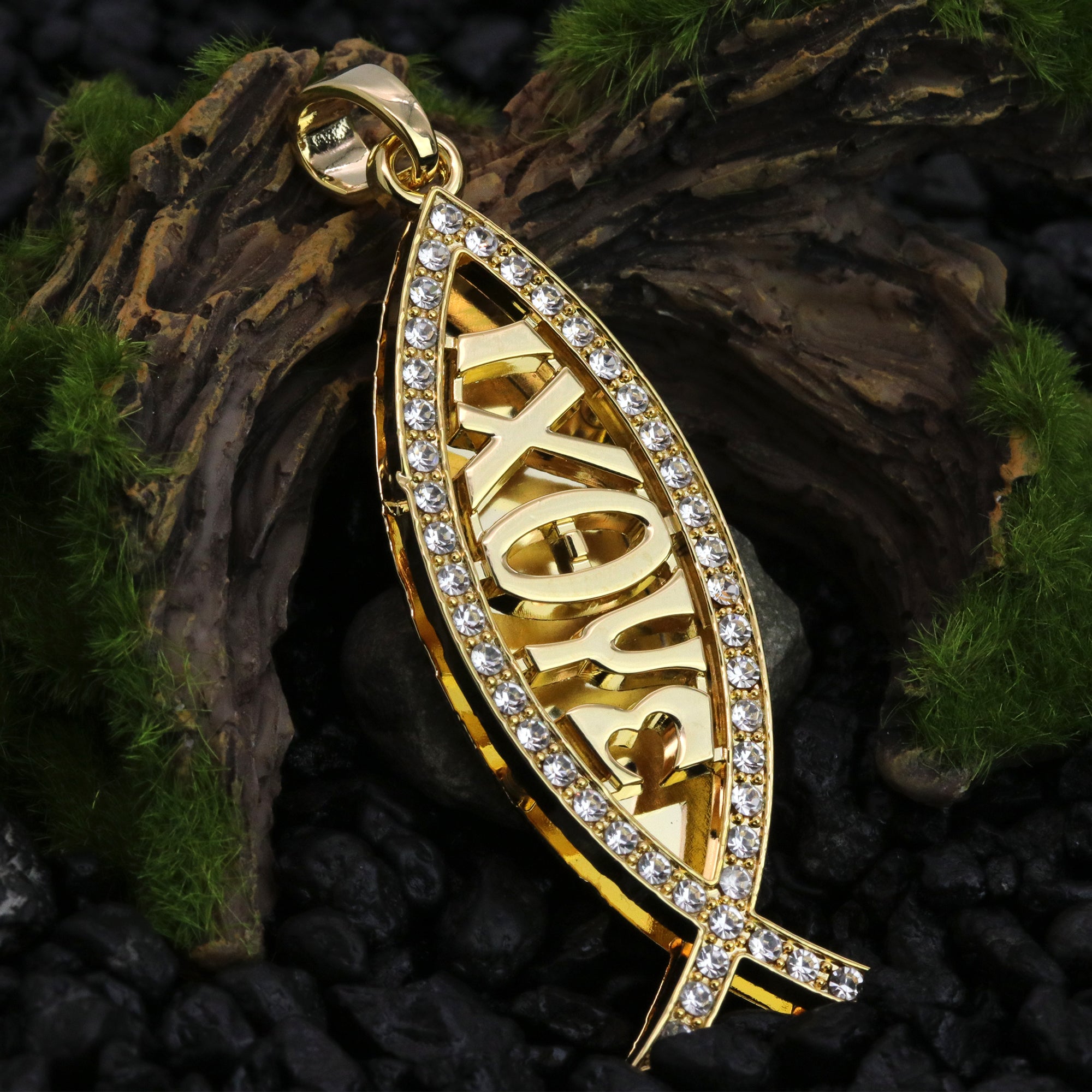 Iced 3D Jesus Fish IXOYE Pendant 24" Rope Chain Hip Hop Style 18k Gold Plated