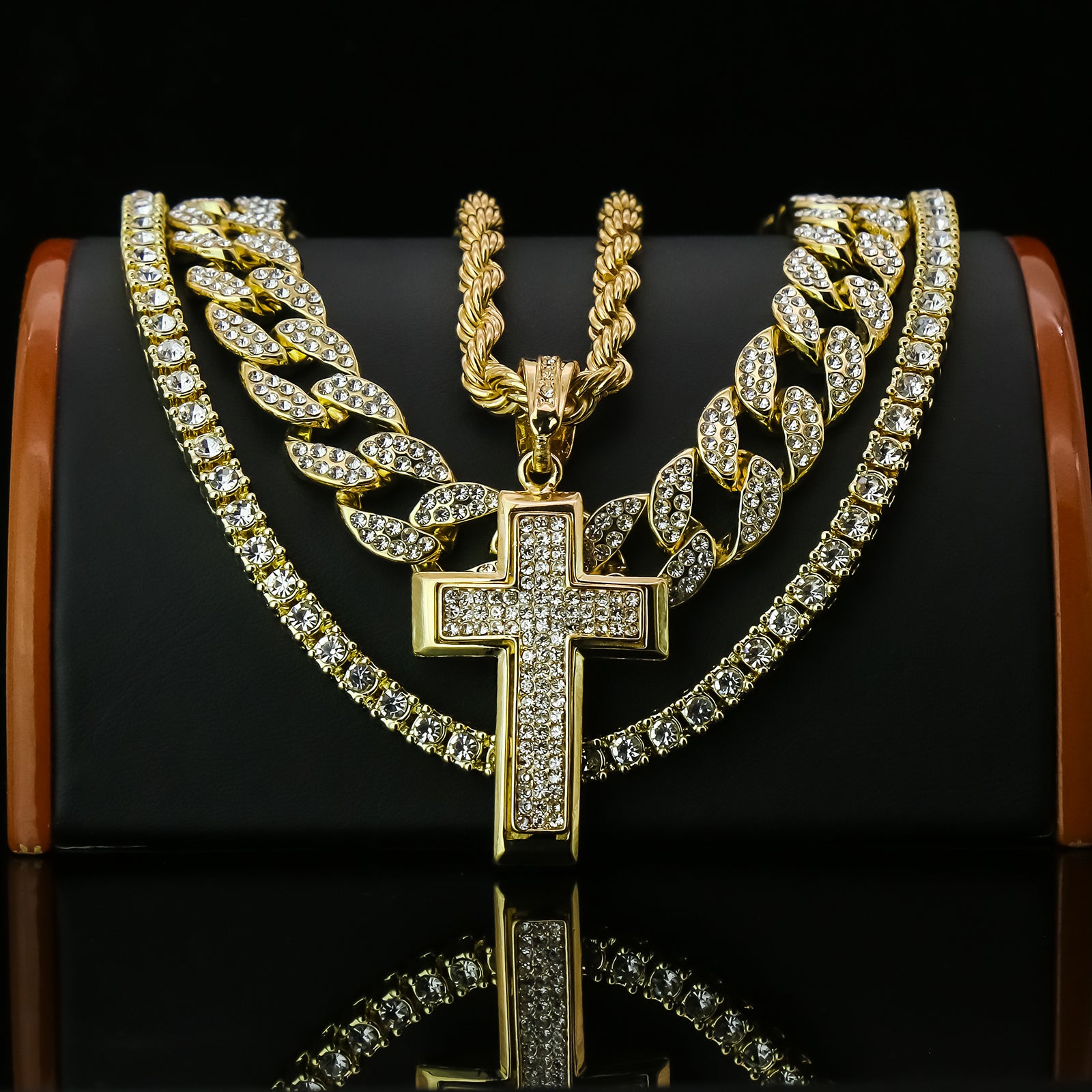 Dome Cross 4 Pcs Set Clear Cz Cuban, Tennis & Rope Chain Bundle Gold PT