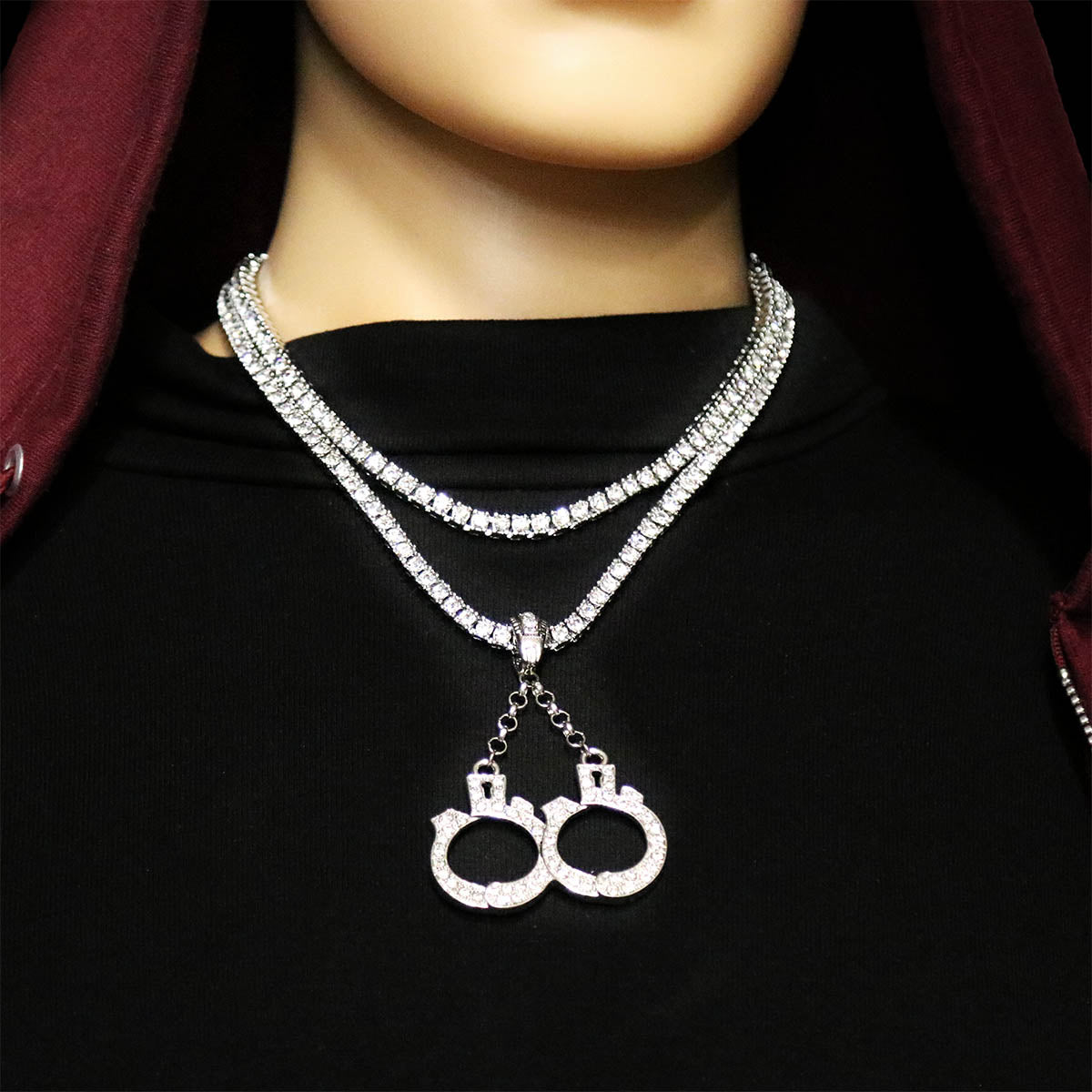 White GOLD TENNIS CHAIN 18" 20" Hand Cuff Pendant Bundle