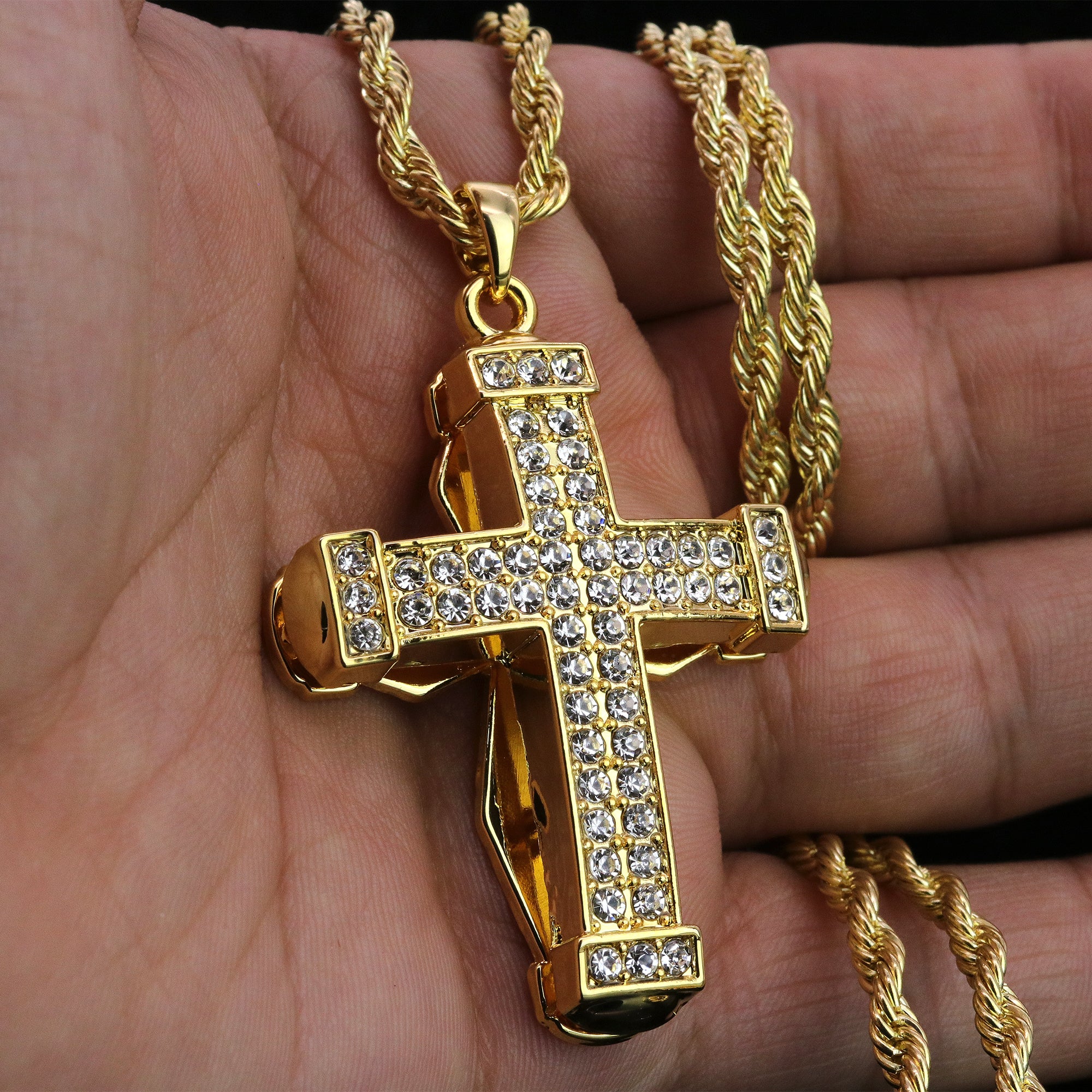 Iced 3D Staple Cross Crucifix Pendant 24" Rope Chain Hip Hop Style 18k Gold PT