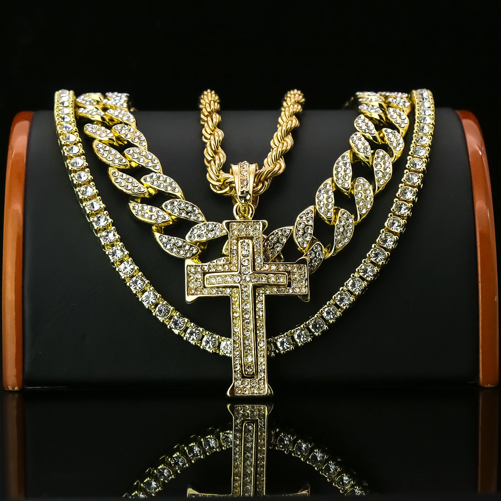 Two Cross 4 Pcs Set Clear Cz Cuban, Tennis & Rope Chain Bundle Gold PT