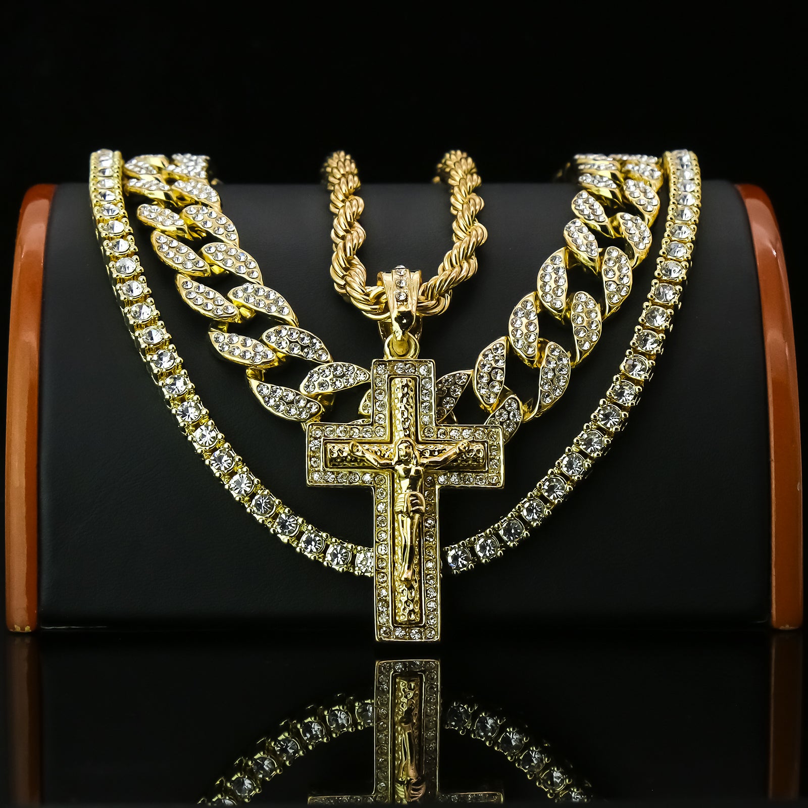 Jesus Cross 4 Pcs Set Clear Cz Cuban, Tennis & Rope Chain Bundle Gold PT