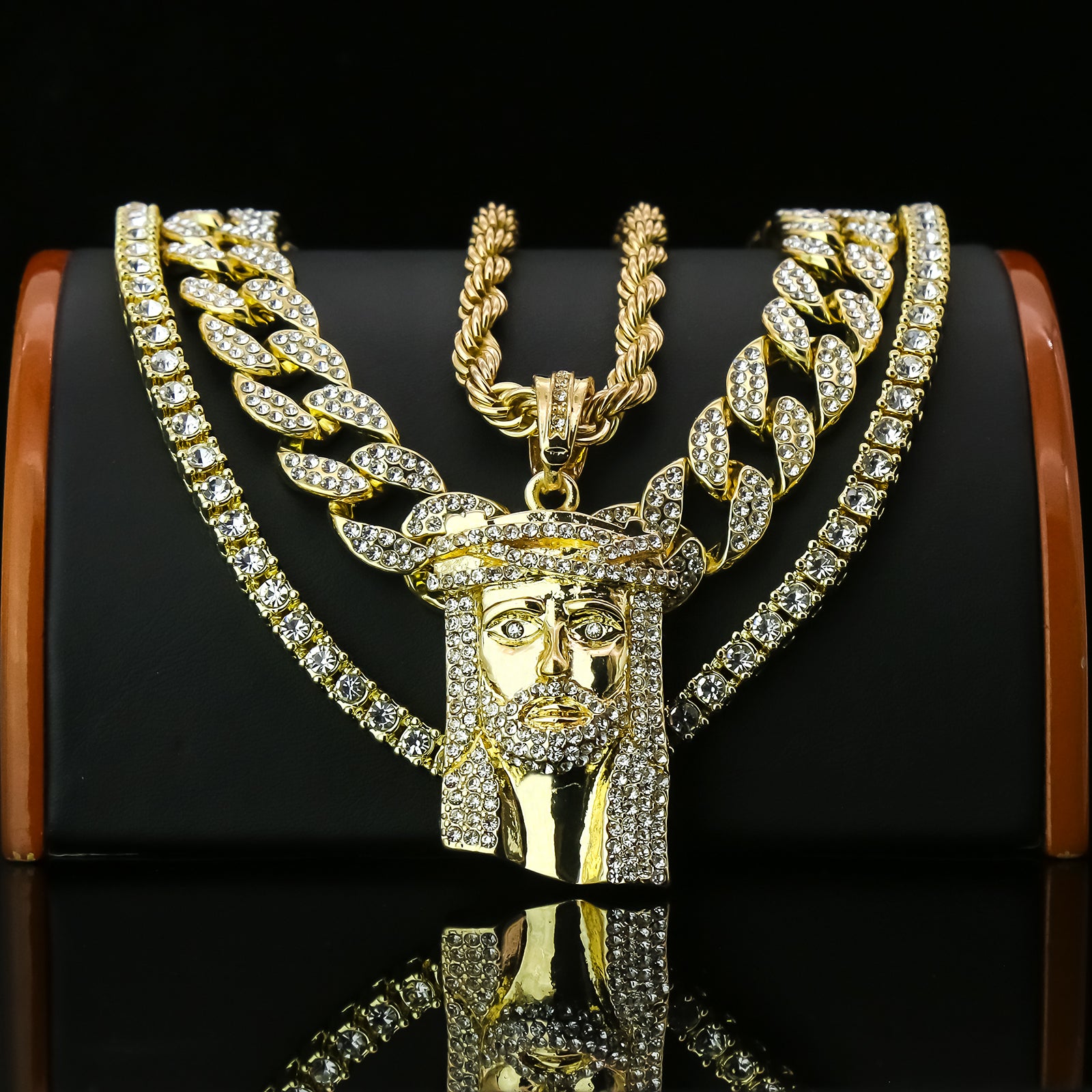 Jesus Piece 4 Pcs Set Clear Cz Cuban, Tennis & Rope Chain Bundle Gold PT