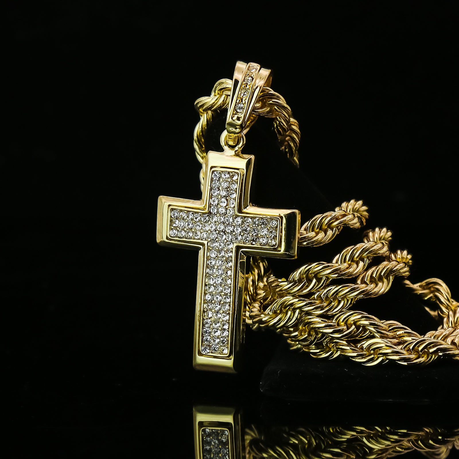 Dome Cross 4 Pcs Set Clear Cz Cuban, Tennis & Rope Chain Bundle Gold PT