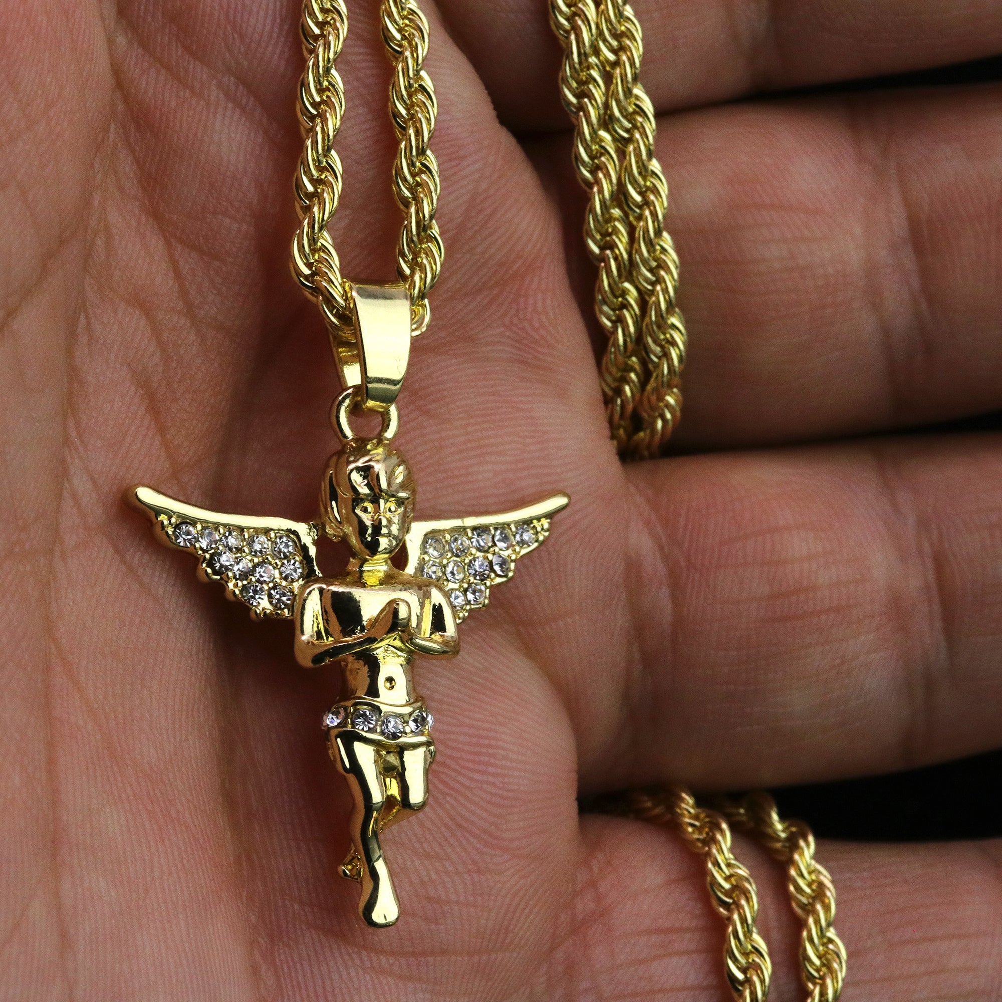 Iced Micro Praying Angel Pendant 24" Rope Chain Hip Hop Style 18k Gold PT