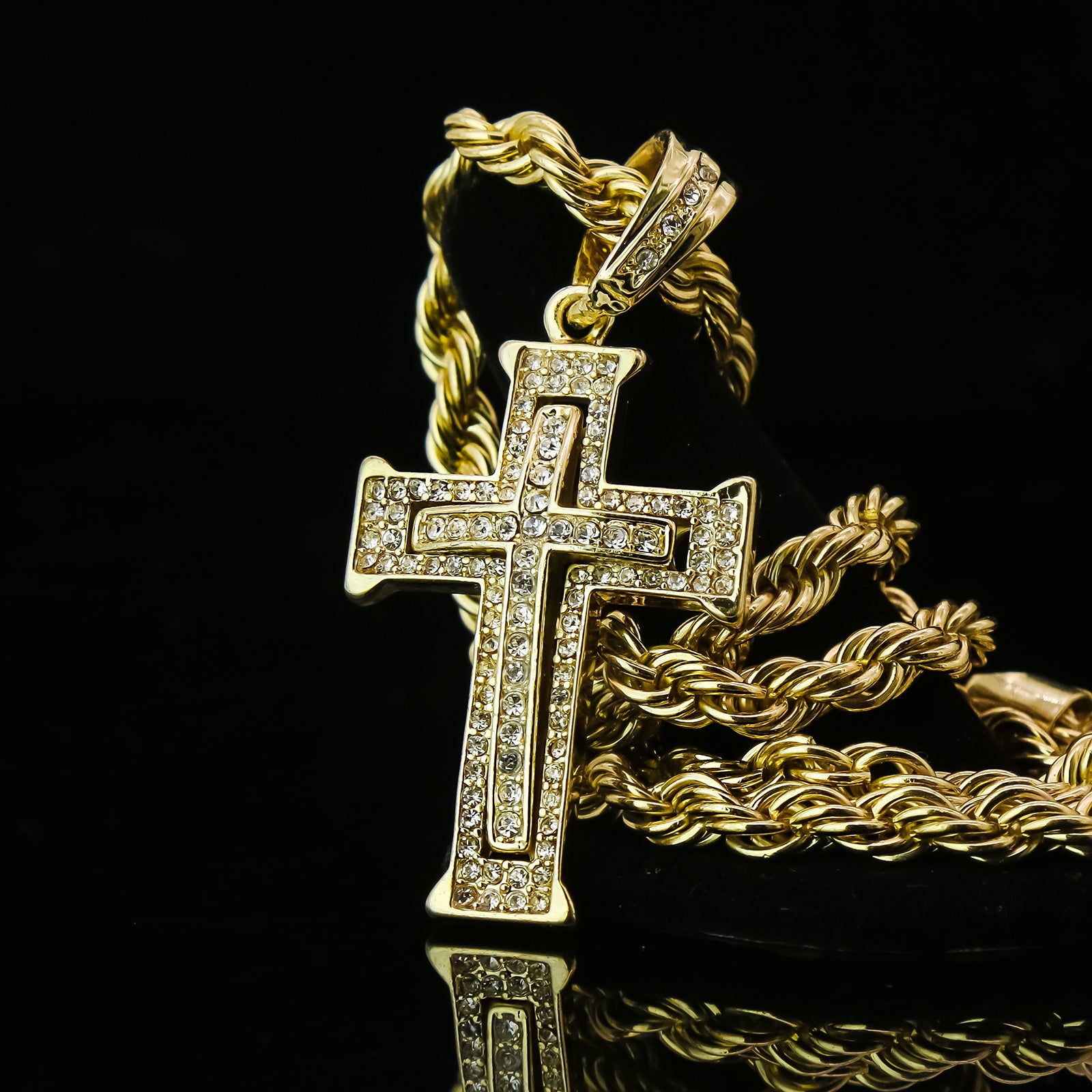 Two Cross 4 Pcs Set Clear Cz Cuban, Tennis & Rope Chain Bundle Gold PT