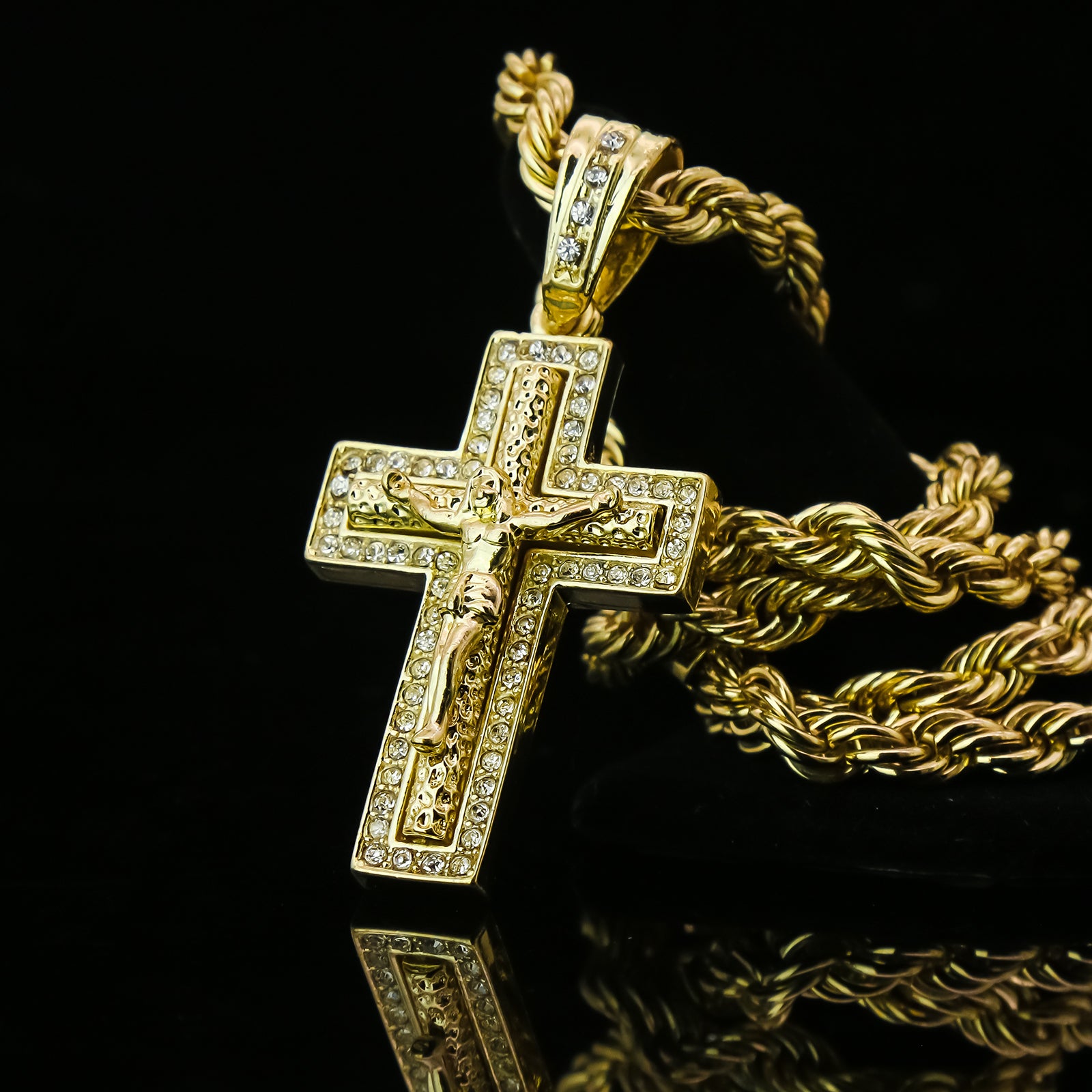 Jesus Cross 4 Pcs Set Clear Cz Cuban, Tennis & Rope Chain Bundle Gold PT