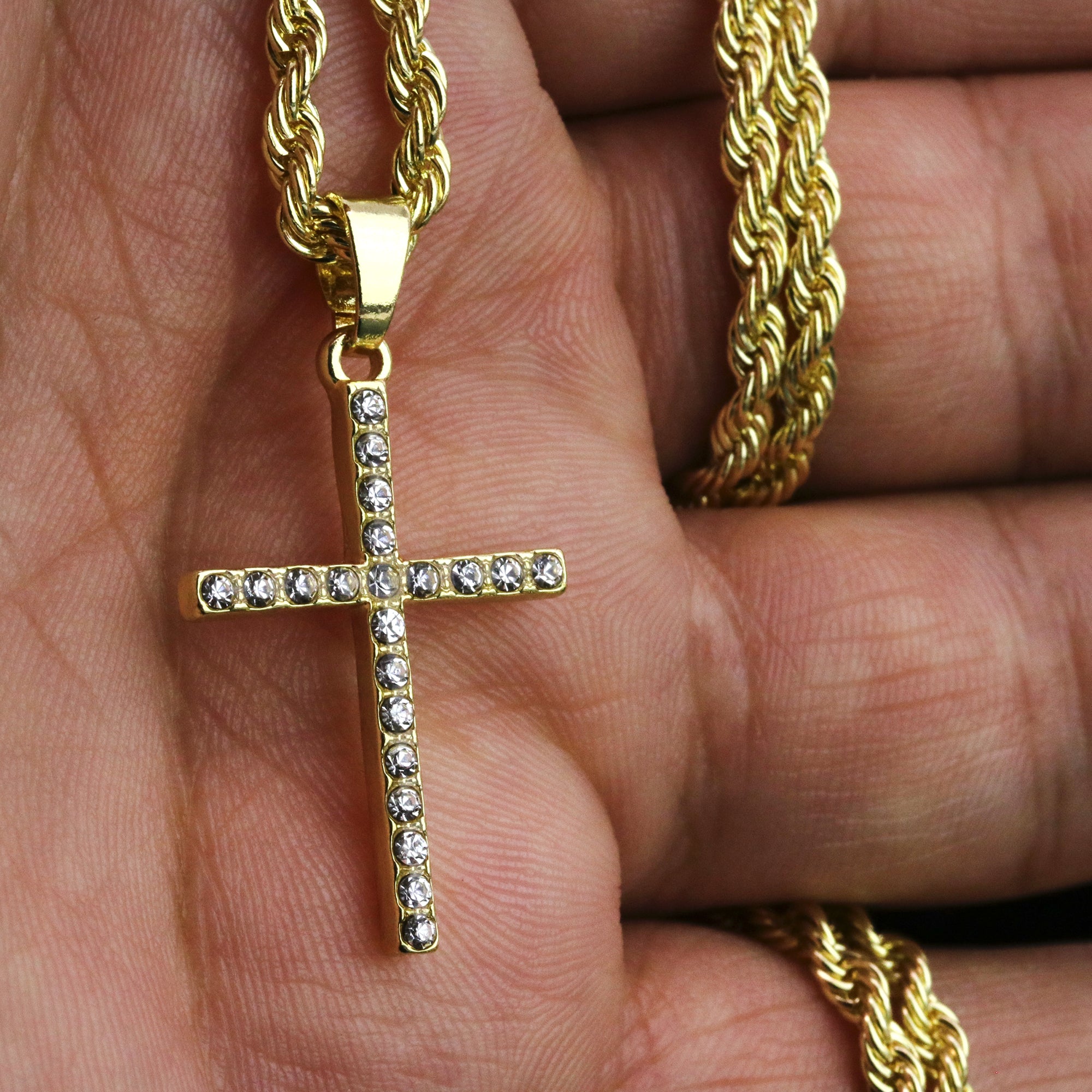 Iced Micro Thin 1 Line Cross Pendant 24" Rope Chain Hip Hop Style 18k Gold PT