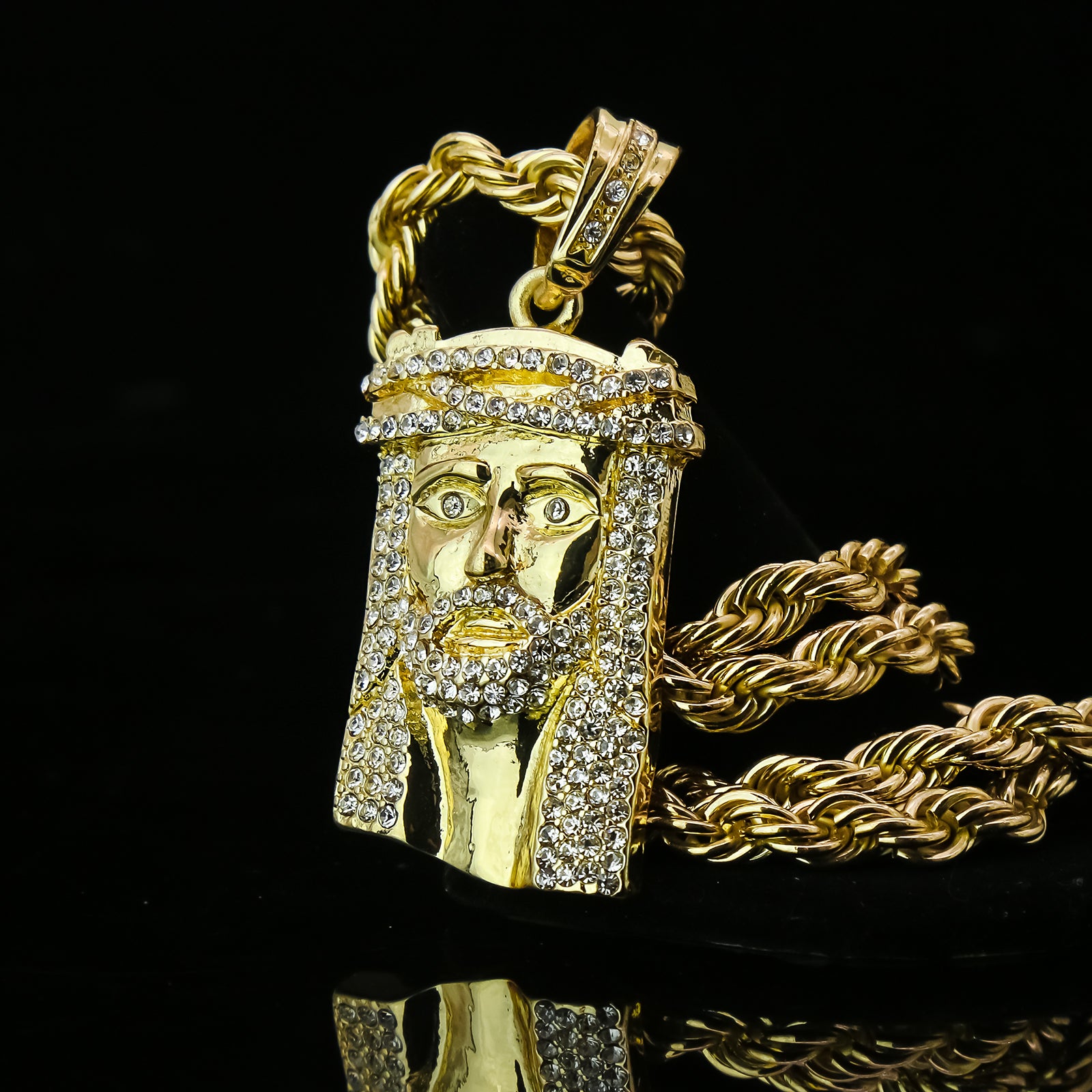 Jesus Piece 4 Pcs Set Clear Cz Cuban, Tennis & Rope Chain Bundle Gold PT