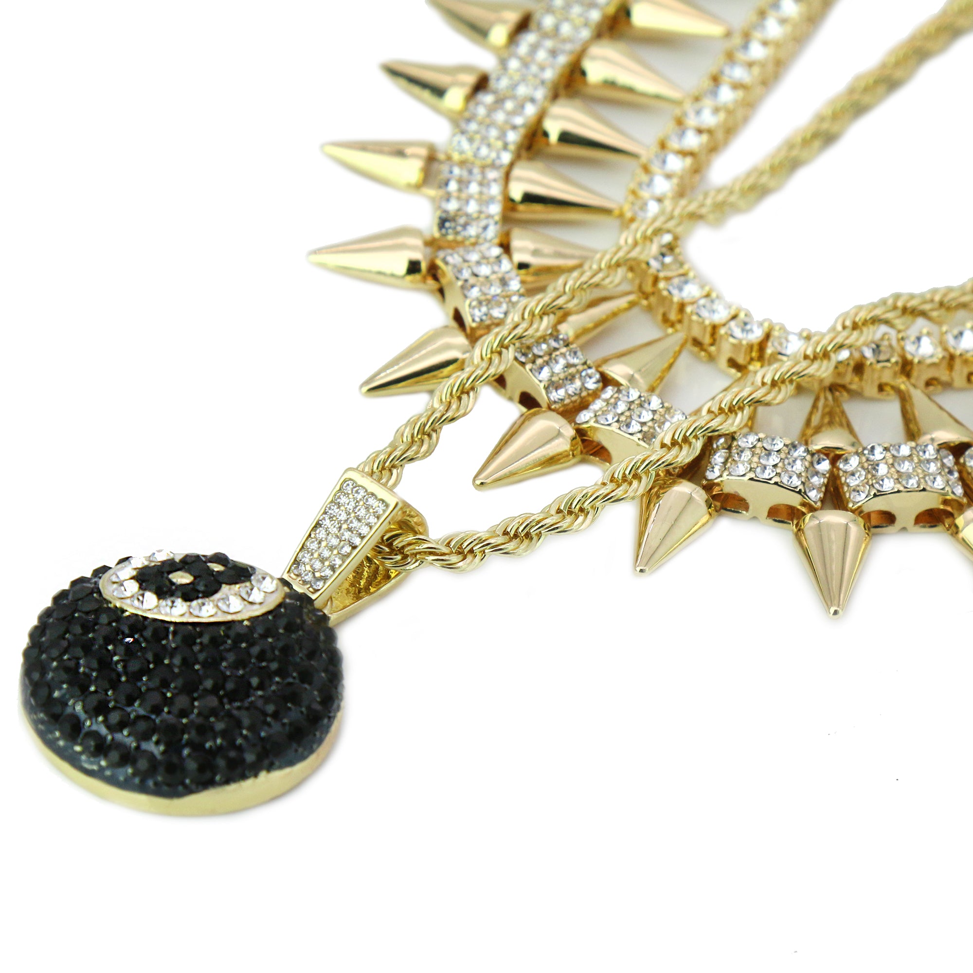 High Fashion Gold Plated AAA Spiky Chain Tennis Chains & Cz #8 Ball Pendant