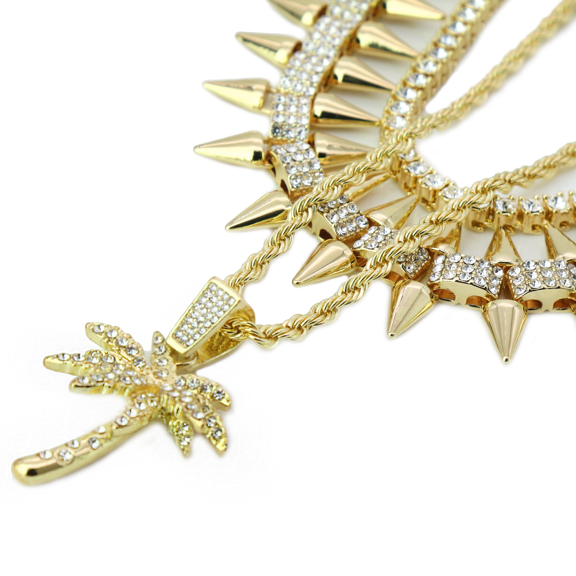 High Fashion Gold Plated AAA Spiky Chain Tennis Chains & Cz West Coast Palm Tree Pendant