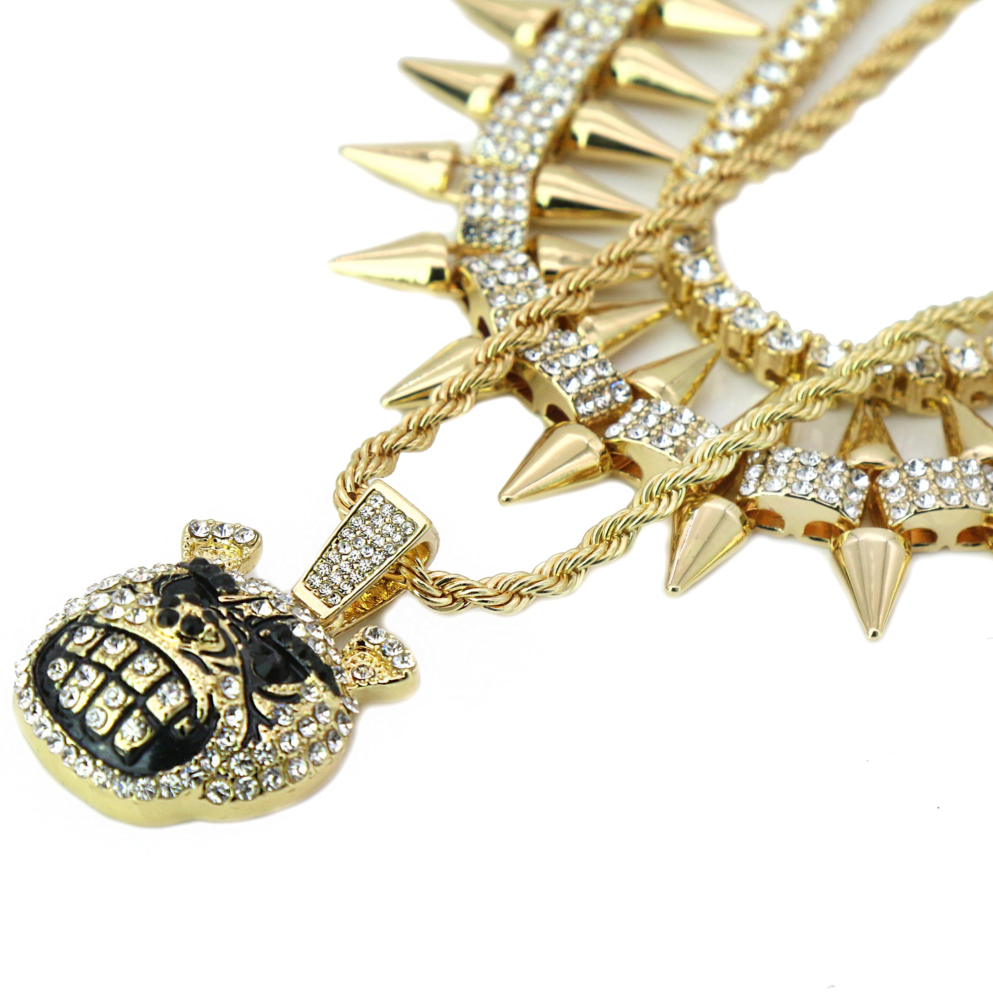 High Fashion Gold Plated AAA Spiky Tennis Chains & Cz Mad Dog Face Head Pendant