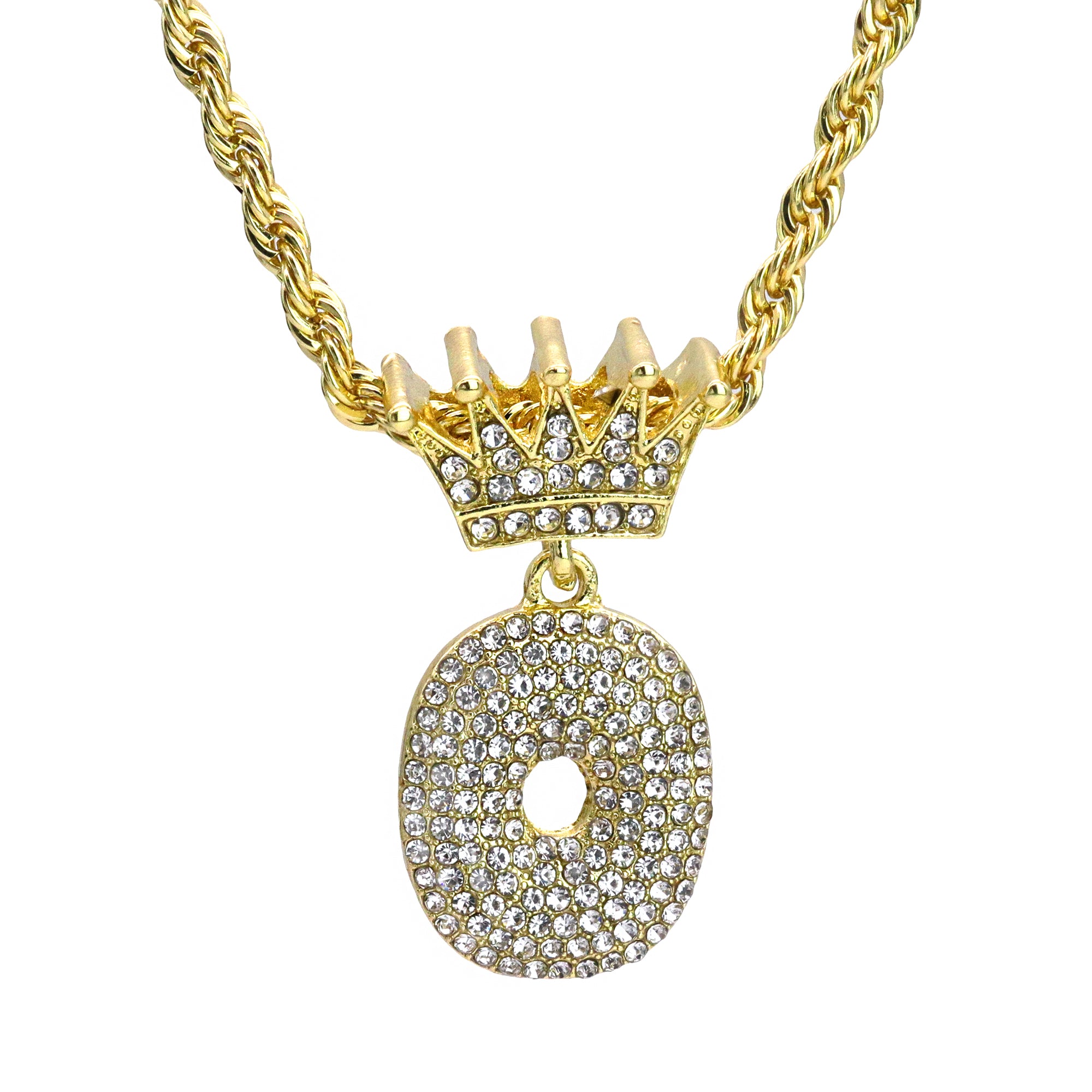Crown Bubble Letter O Pendant 24"Rope Chain Hip Hop Style 18k Gold Plated Necklace
