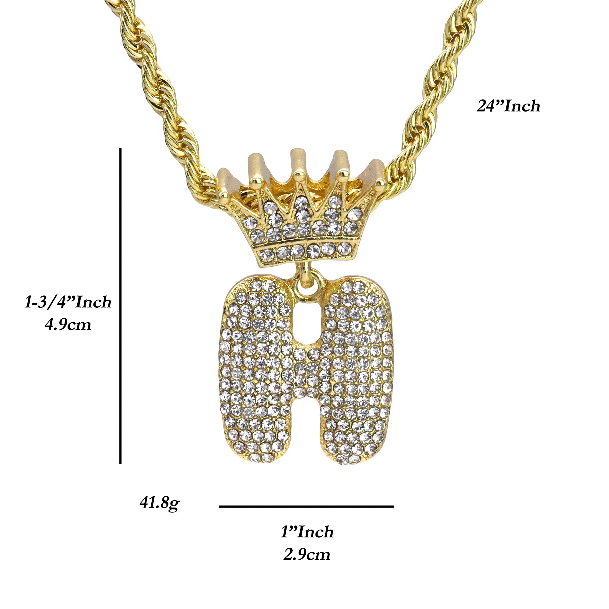 Crown Bubble Letter H Pendant 24"Rope Chain Hip Hop Style 18k Gold Plated Necklace