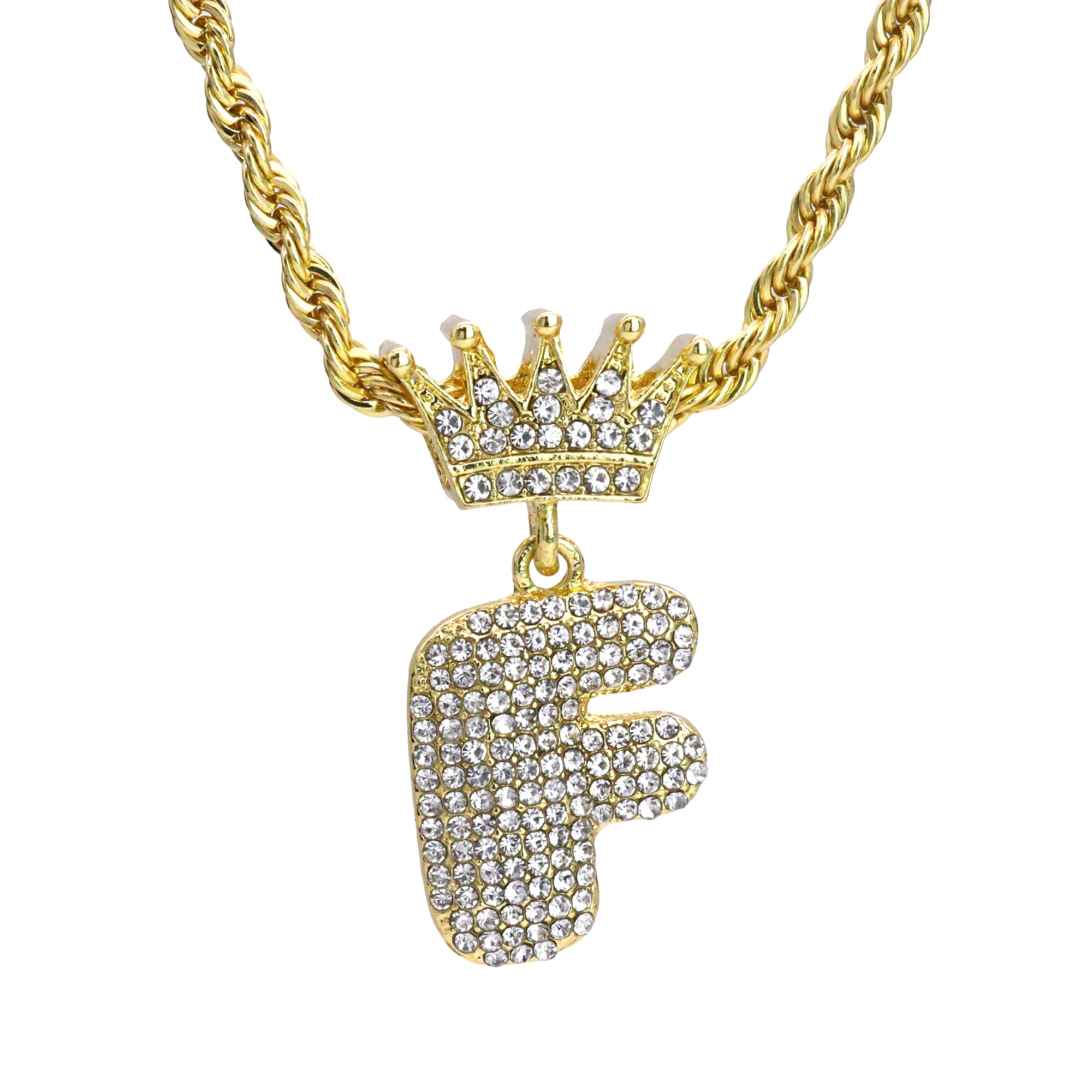 Crown Bubble Letter F Pendant 24"Rope Chain Hip Hop Style 18k Gold Plated Necklace