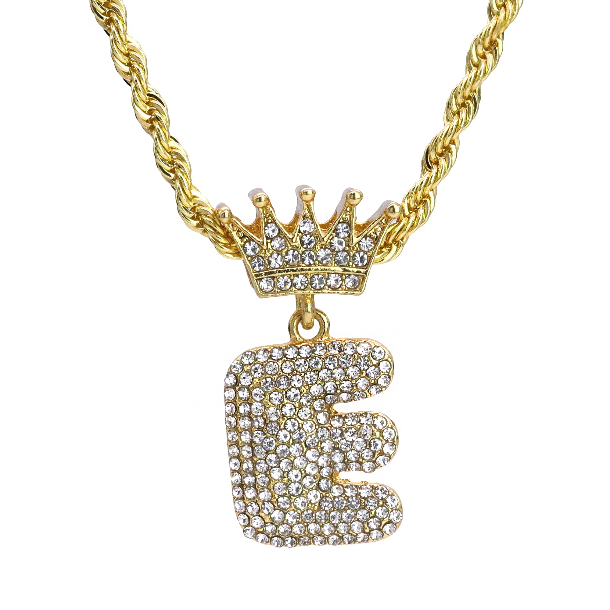 Crown Bubble Letter E Pendant 24"Rope Chain Hip Hop Style 18k Gold Plated Necklace