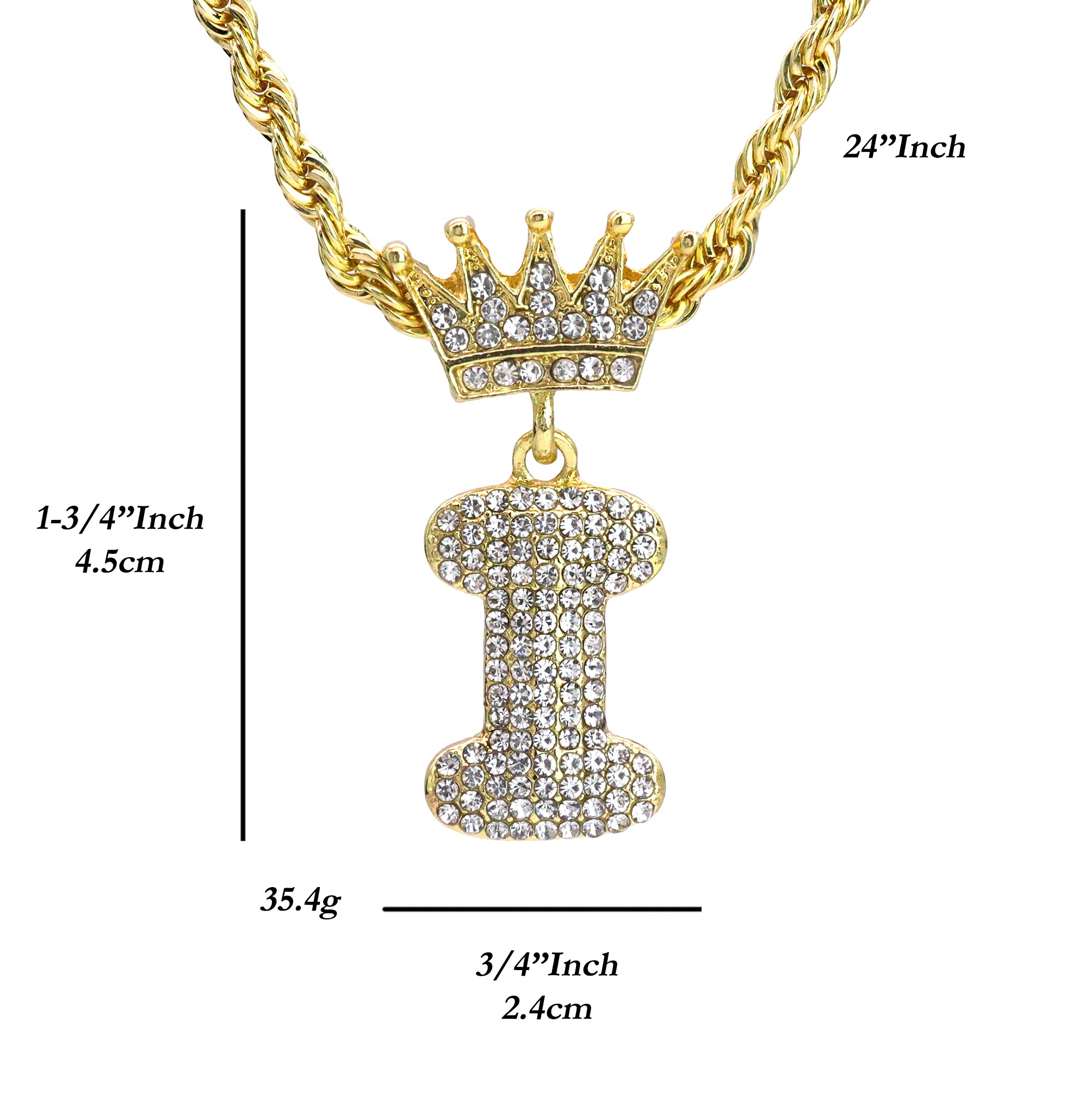 Crown Bubble letter I Pendant 24" Rope Chain Hip Hop Style 18k Gold PT