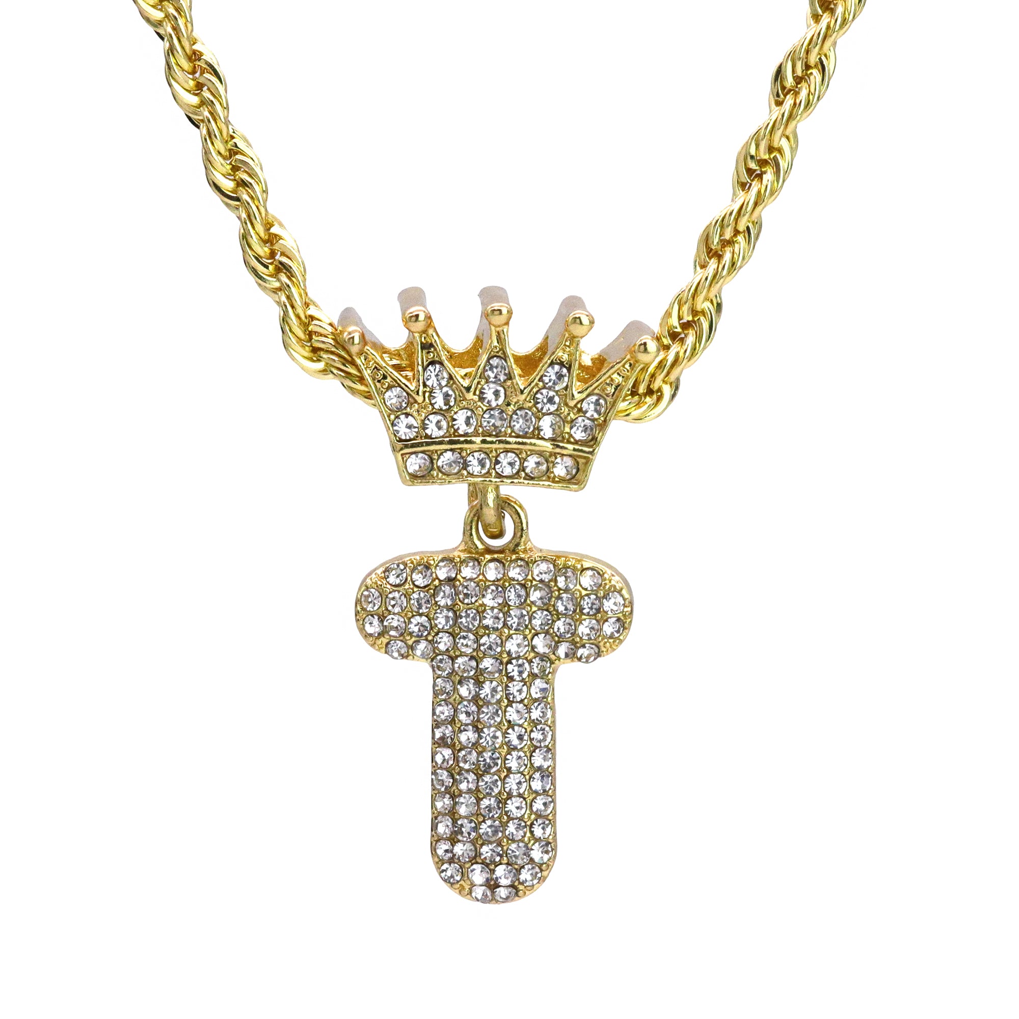 Copy of Crown Bubble letter T Pendant 24" Rope Chain Hip Hop Style 18k Gold PT