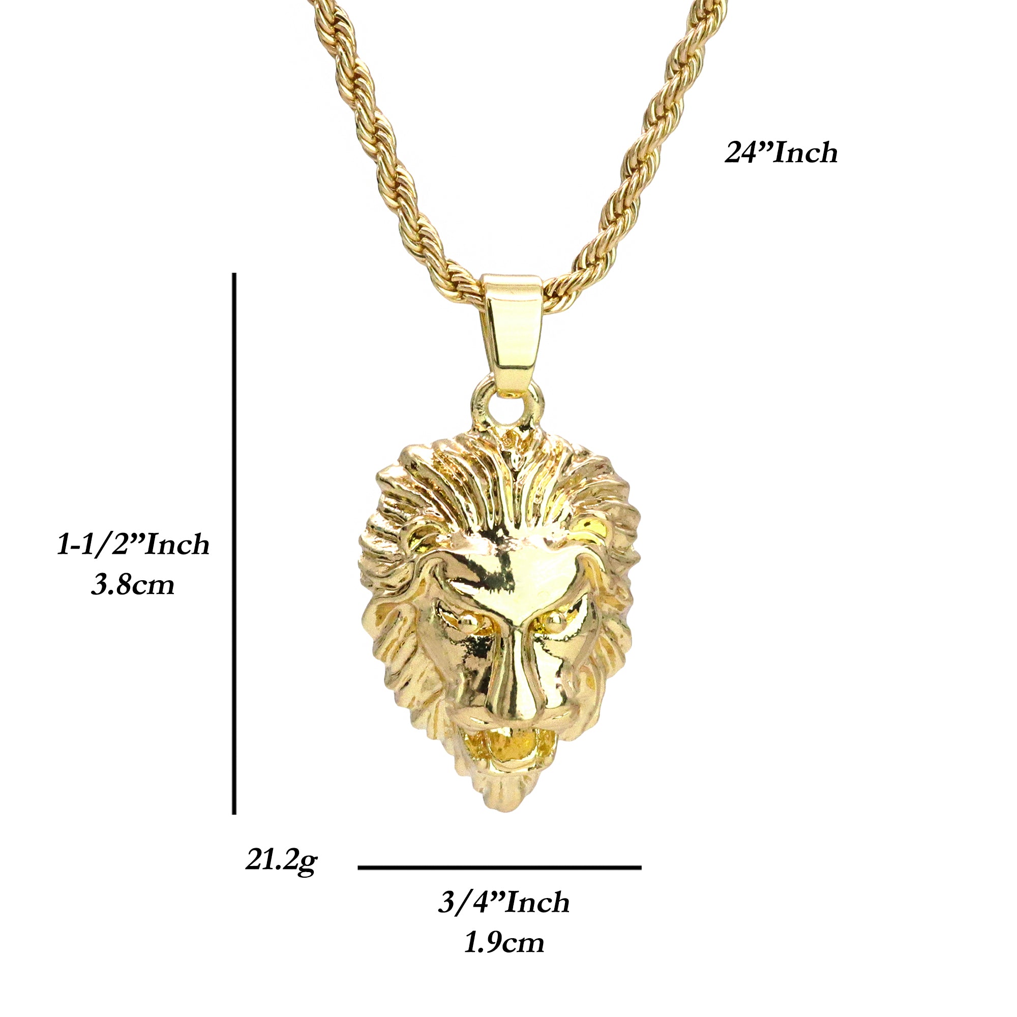 Micro Lion Face Pendant 24" Rope Chain Hip Hop Style 18k Gold PT