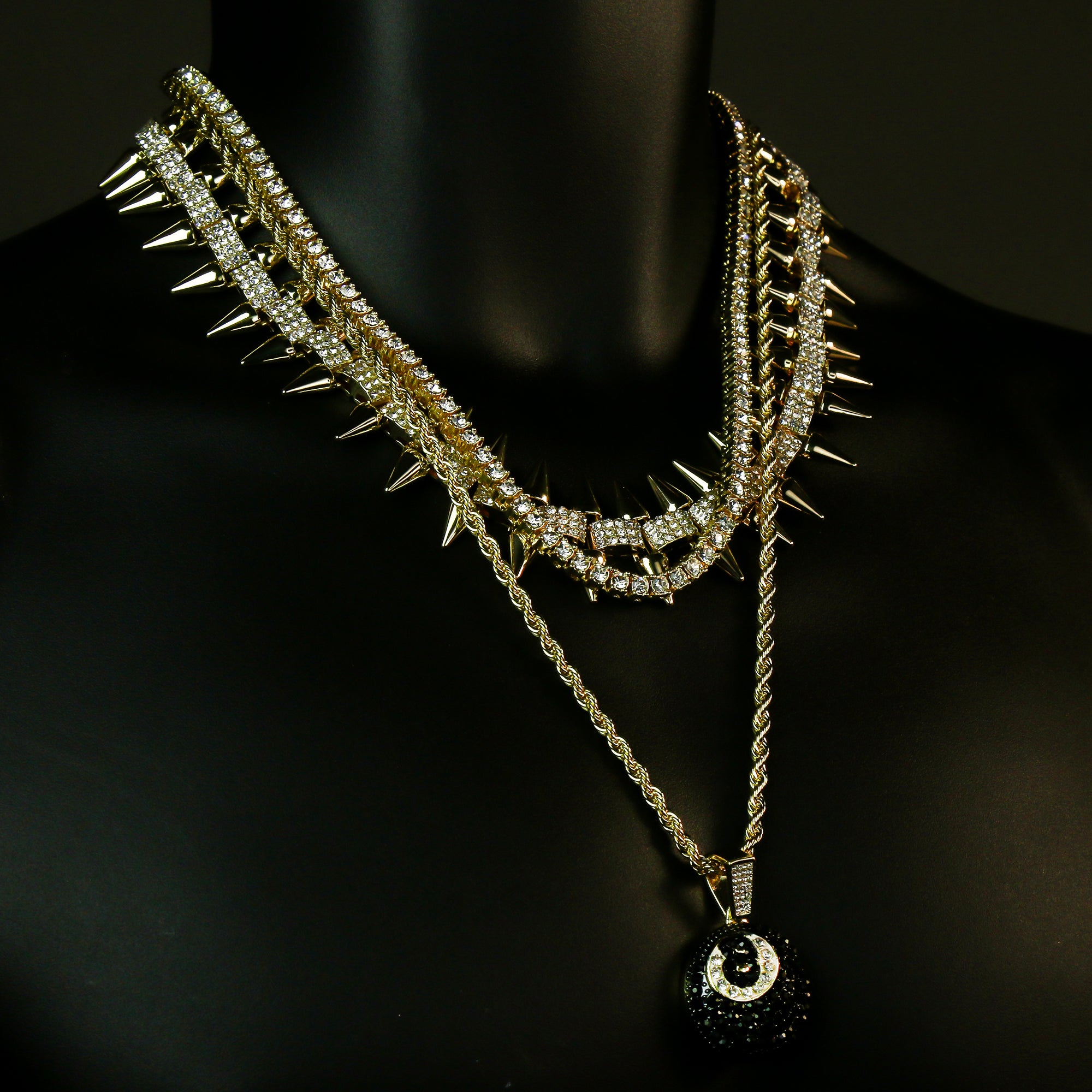 High Fashion Gold Plated AAA Spiky Chain Tennis Chains & Cz #8 Ball Pendant