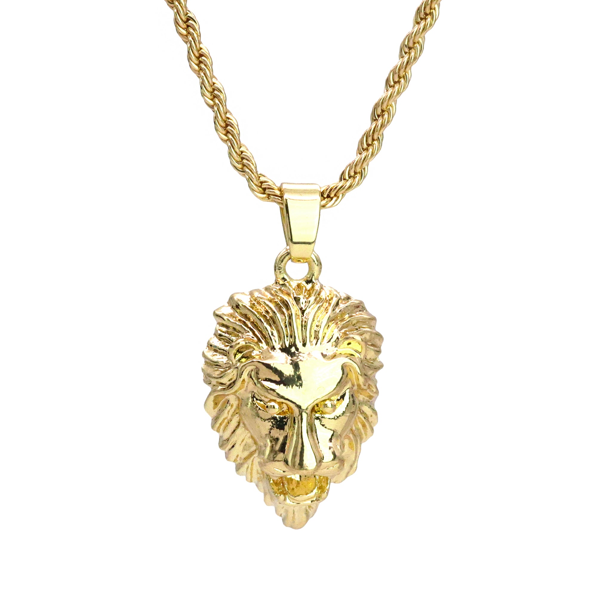 Micro Lion Face Pendant 24" Rope Chain Hip Hop Style 18k Gold PT