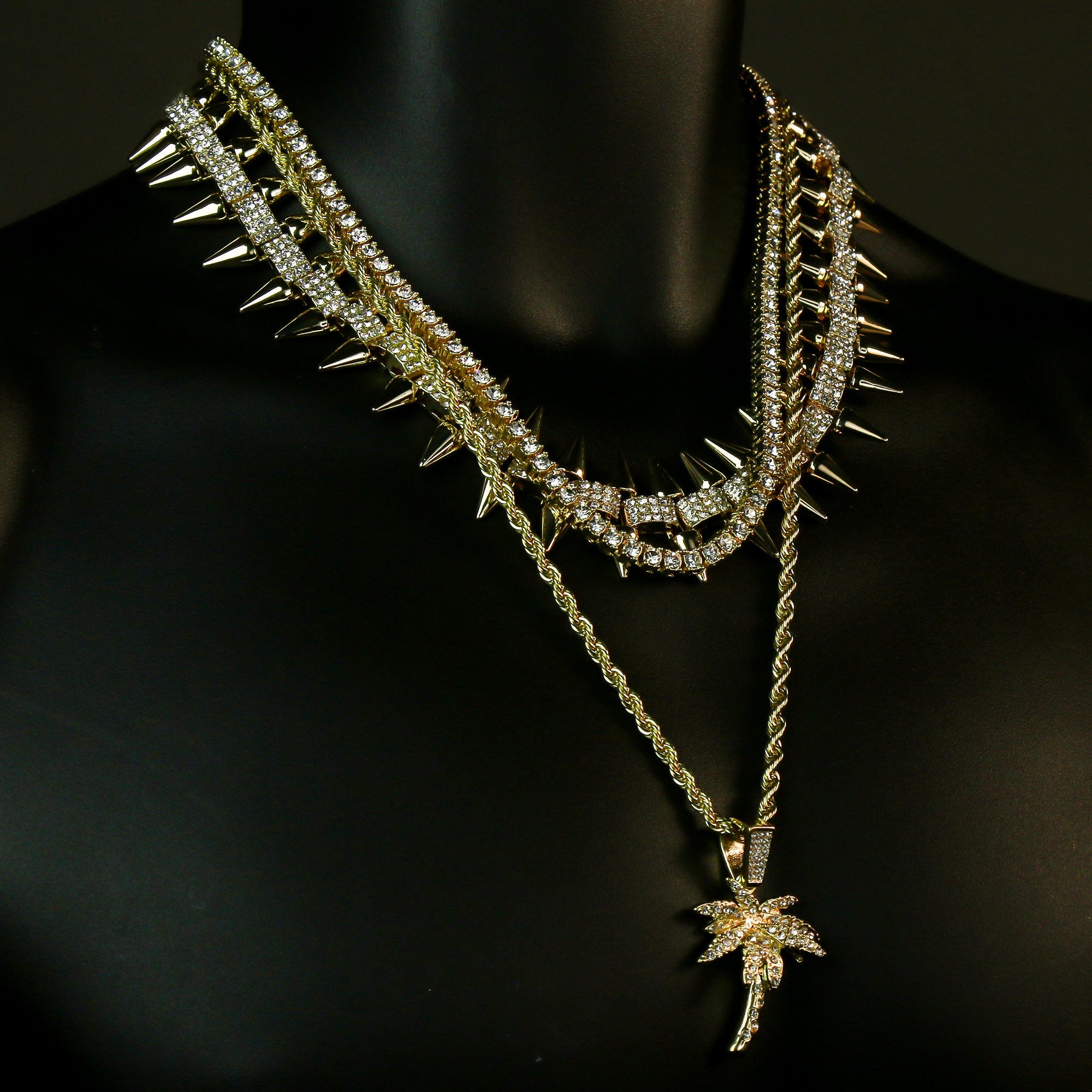 High Fashion Gold Plated AAA Spiky Chain Tennis Chains & Cz West Coast Palm Tree Pendant