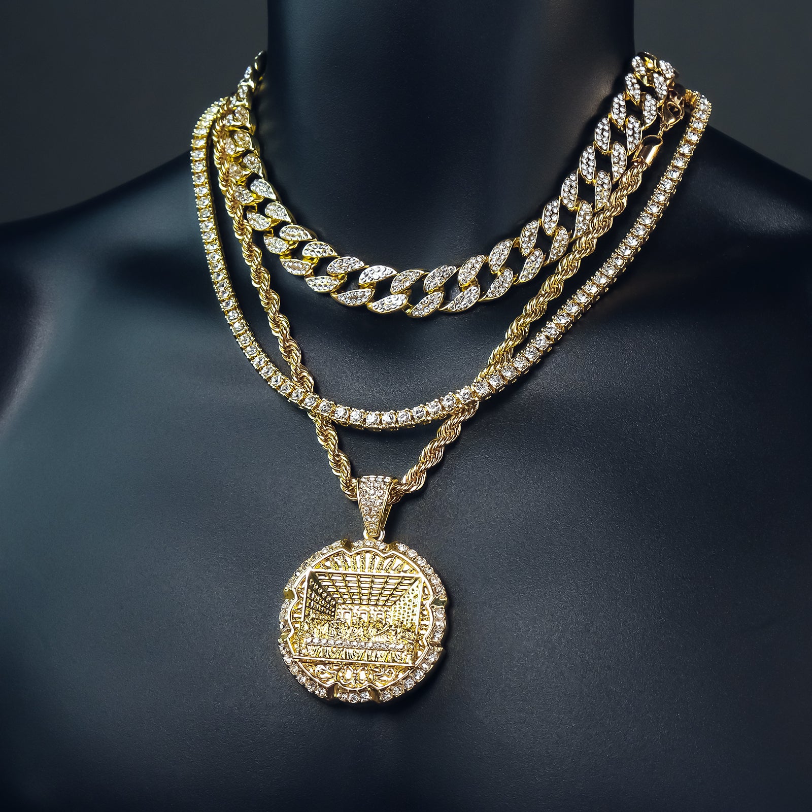 Round Last Supper 4 Pcs Set Clear Cz Cuban, Tennis & Rope Chain Bundle Gold PT