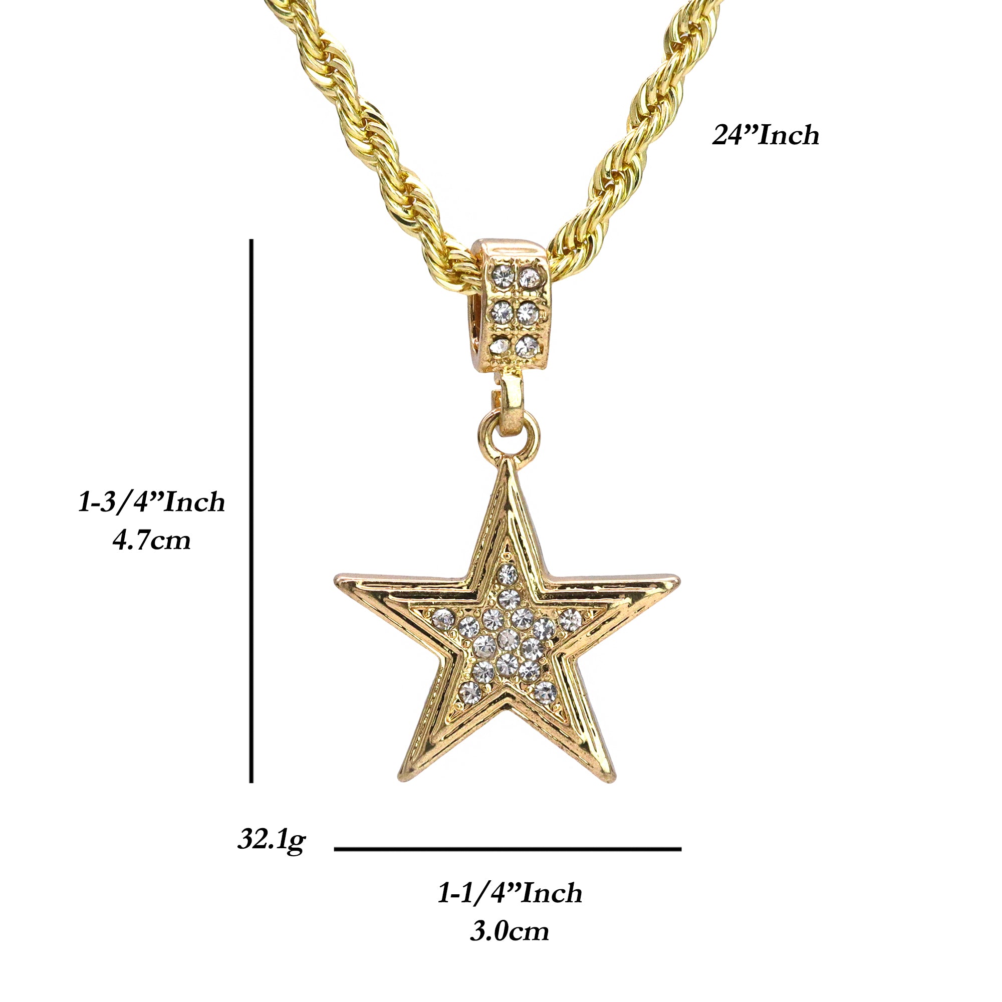 Star Pendant 24" Rope Chain Hip Hop Style 18k Gold PT