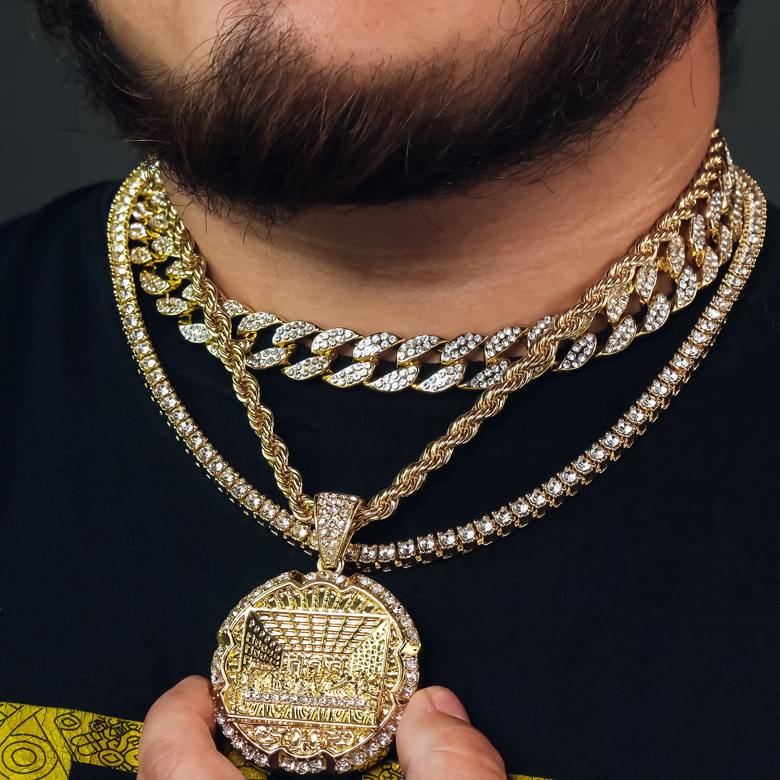 Round Last Supper 4 Pcs Set Clear Cz Cuban, Tennis & Rope Chain Bundle Gold PT