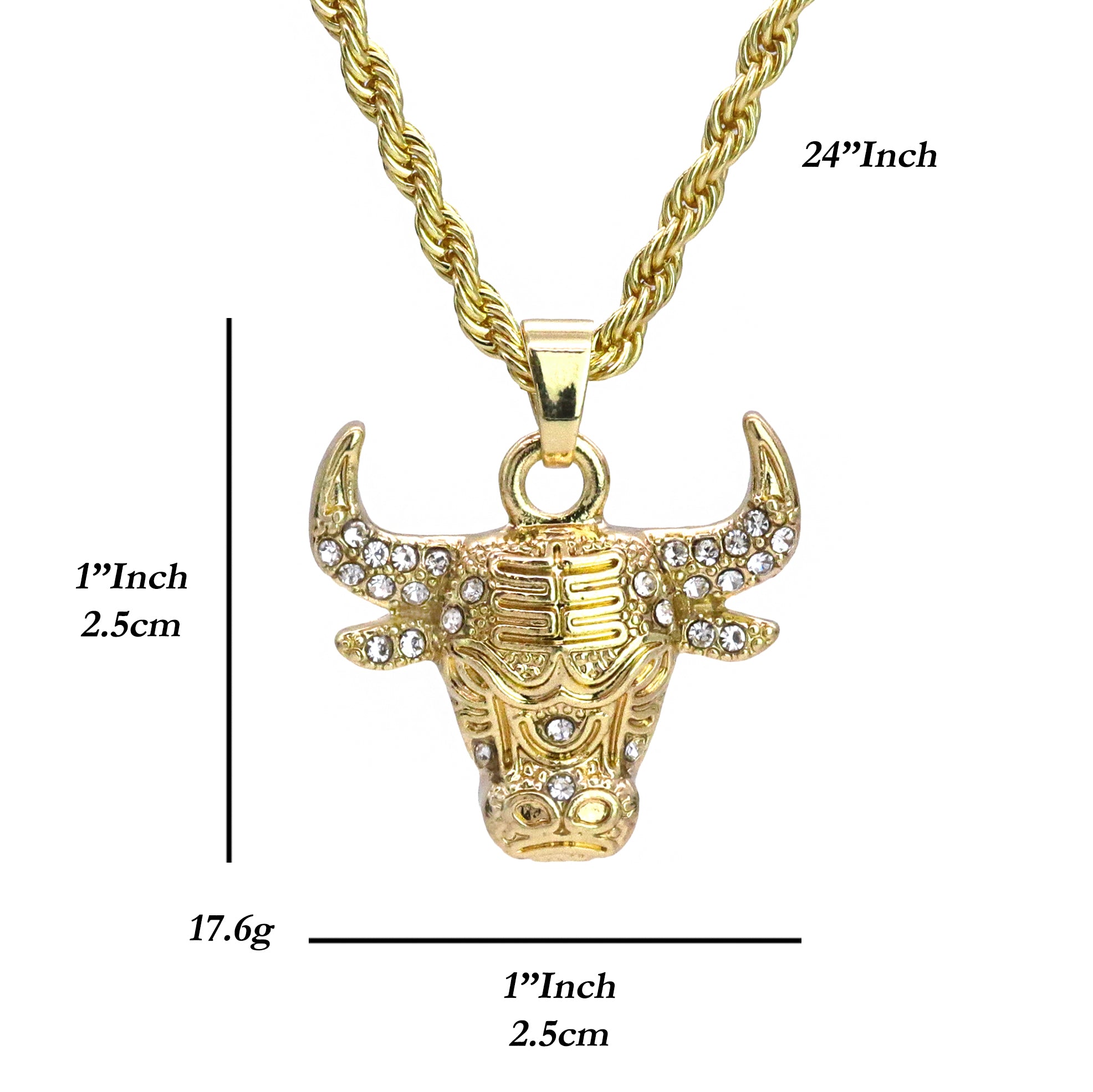 Micro Bull Head Pendant 24" Rope Chain Hip Hop Style 18k Gold PT