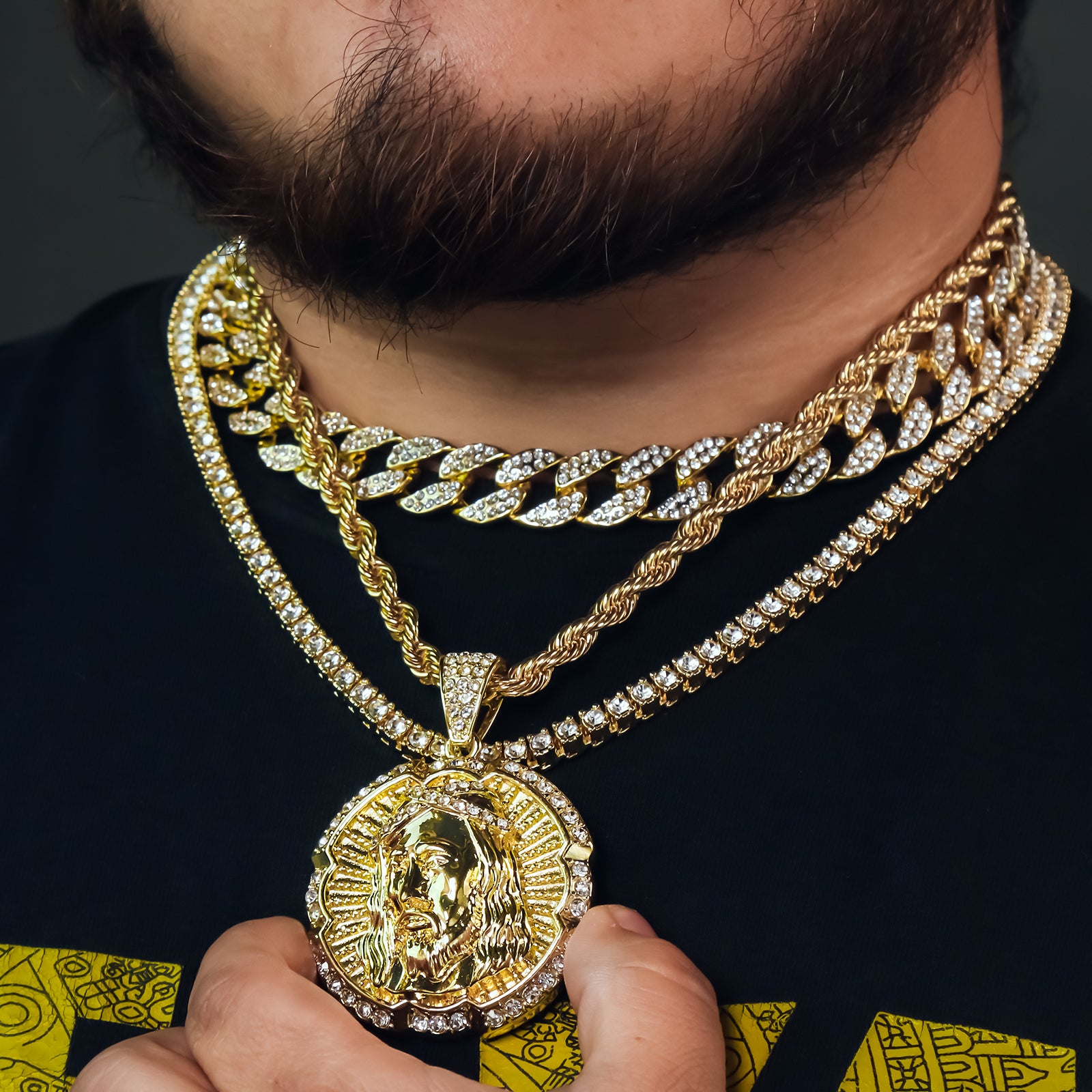 Round Jesus Piece 4 Pcs Set Clear Cz Cuban, Tennis & Rope Chain Bundle Gold PT