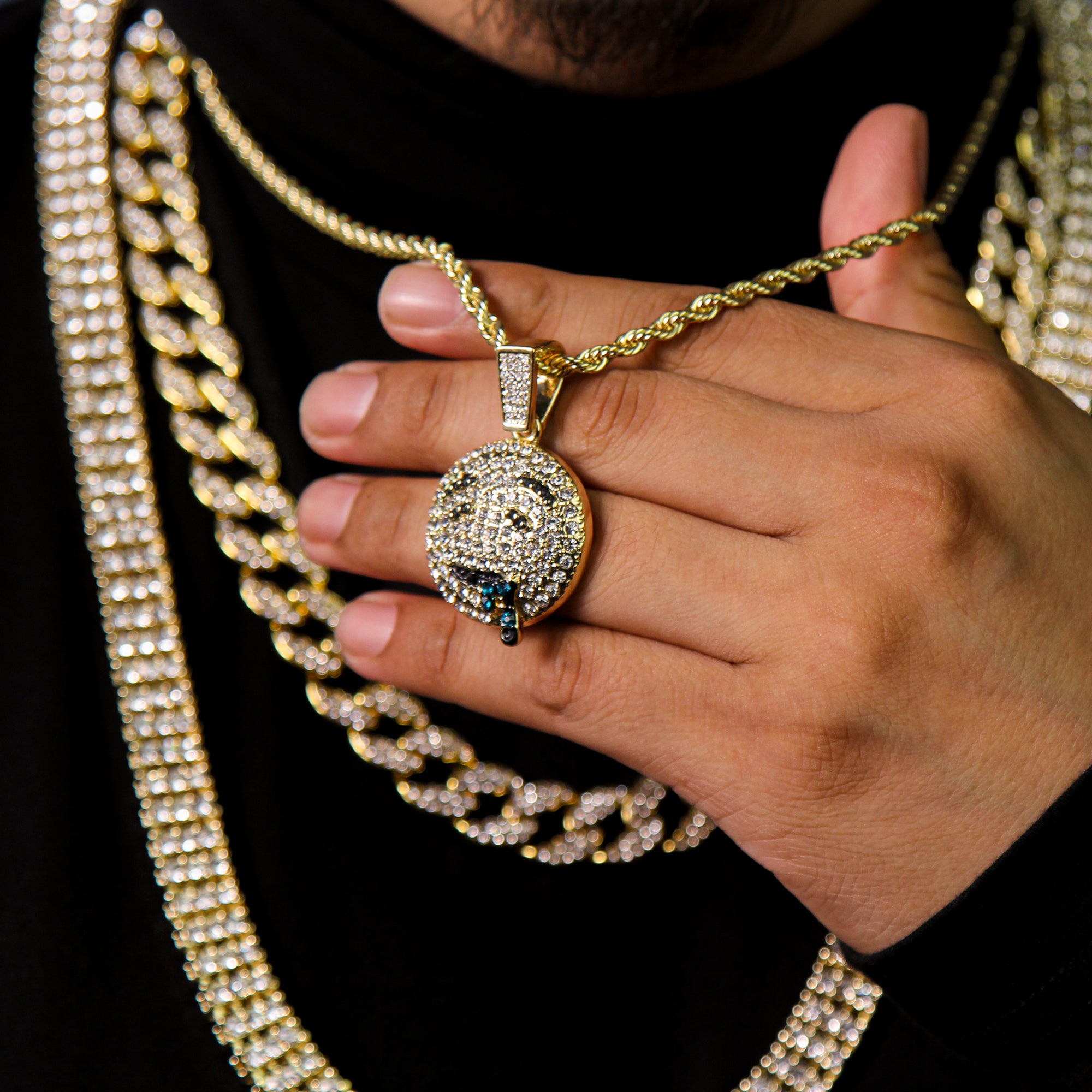 Exquisite Lit Emoji Face Pendant Rope Chain Men's Hip Hop 18k Cz Jewelry
