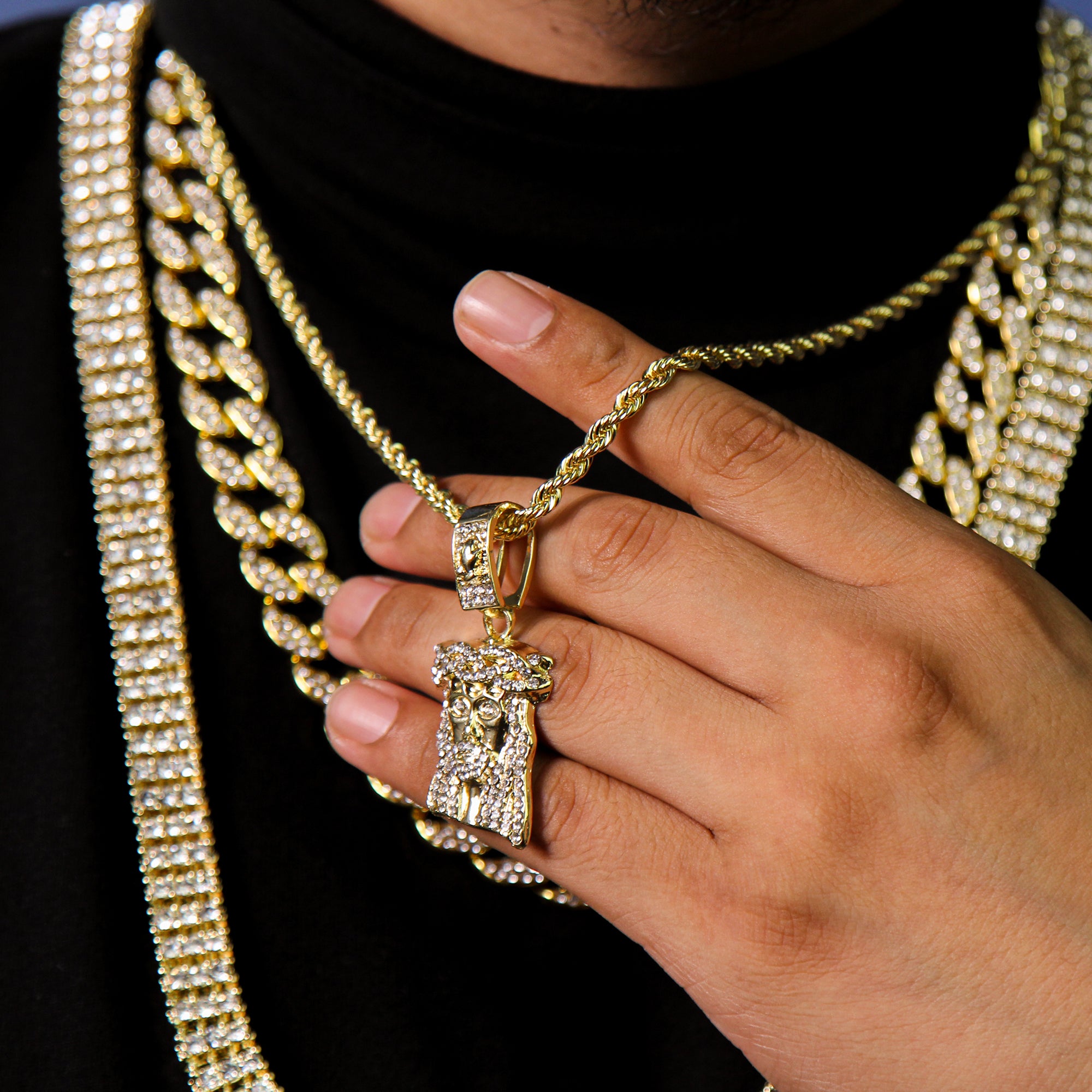 Exquisite Jesus Face / prayer Hand Pendant Rope Chain Men's Hip Hop 18k Cz Jewelry