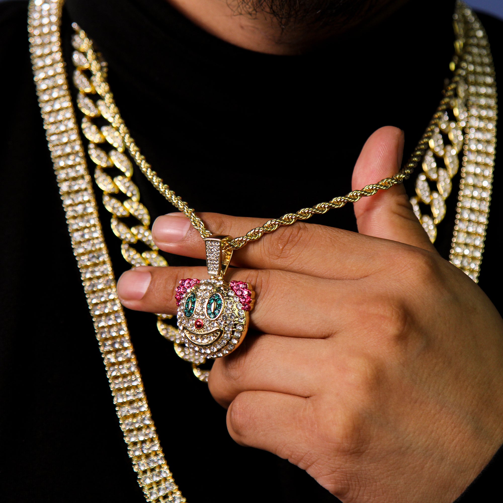 Exquisite Clown Emoji Pendant Rope Chain Men's Hip Hop 18k Cz Jewelry