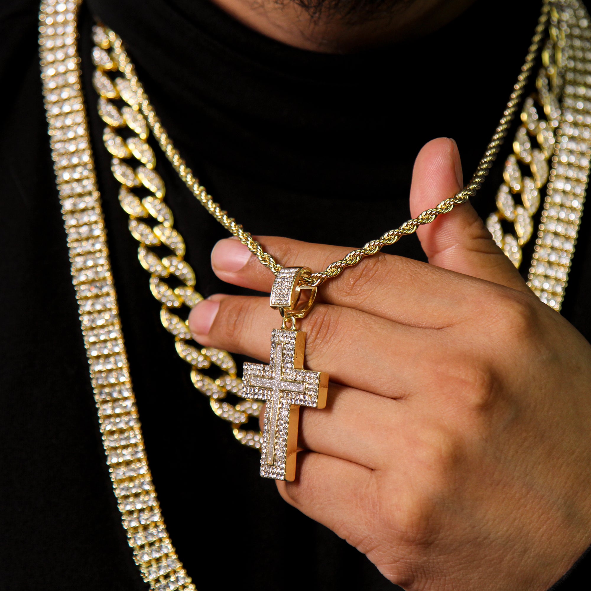 Exquisite AP Two Row Cross Pendant Rope Chain Men's Hip Hop 18k Cz Jewelry