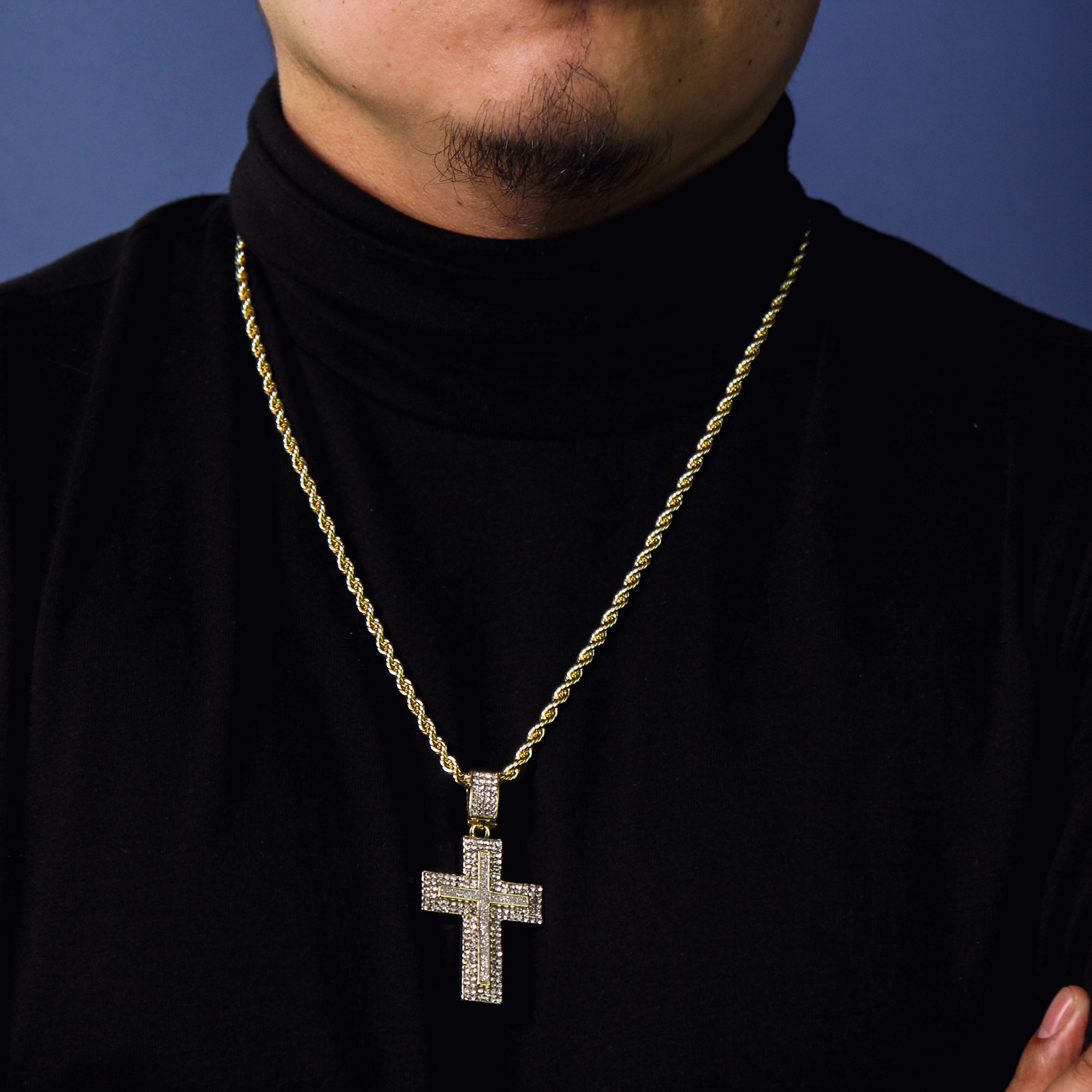 Exquisite AP Two Row Cross Pendant Rope Chain Men's Hip Hop 18k Cz Jewelry