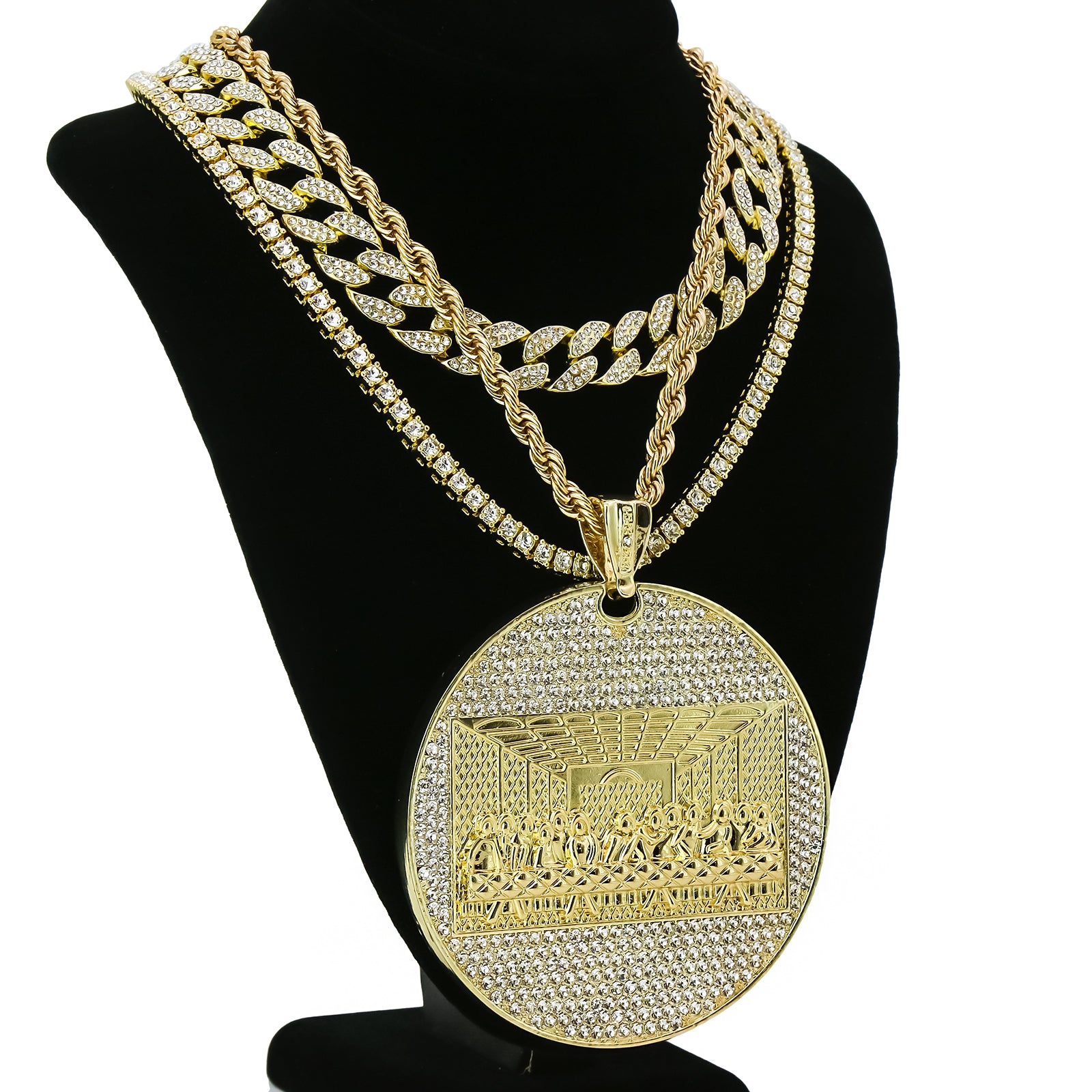 4PC Set β Huge Round Last Supper Pendant with Gold CZ Cuban, Tennis & Rope Chains
