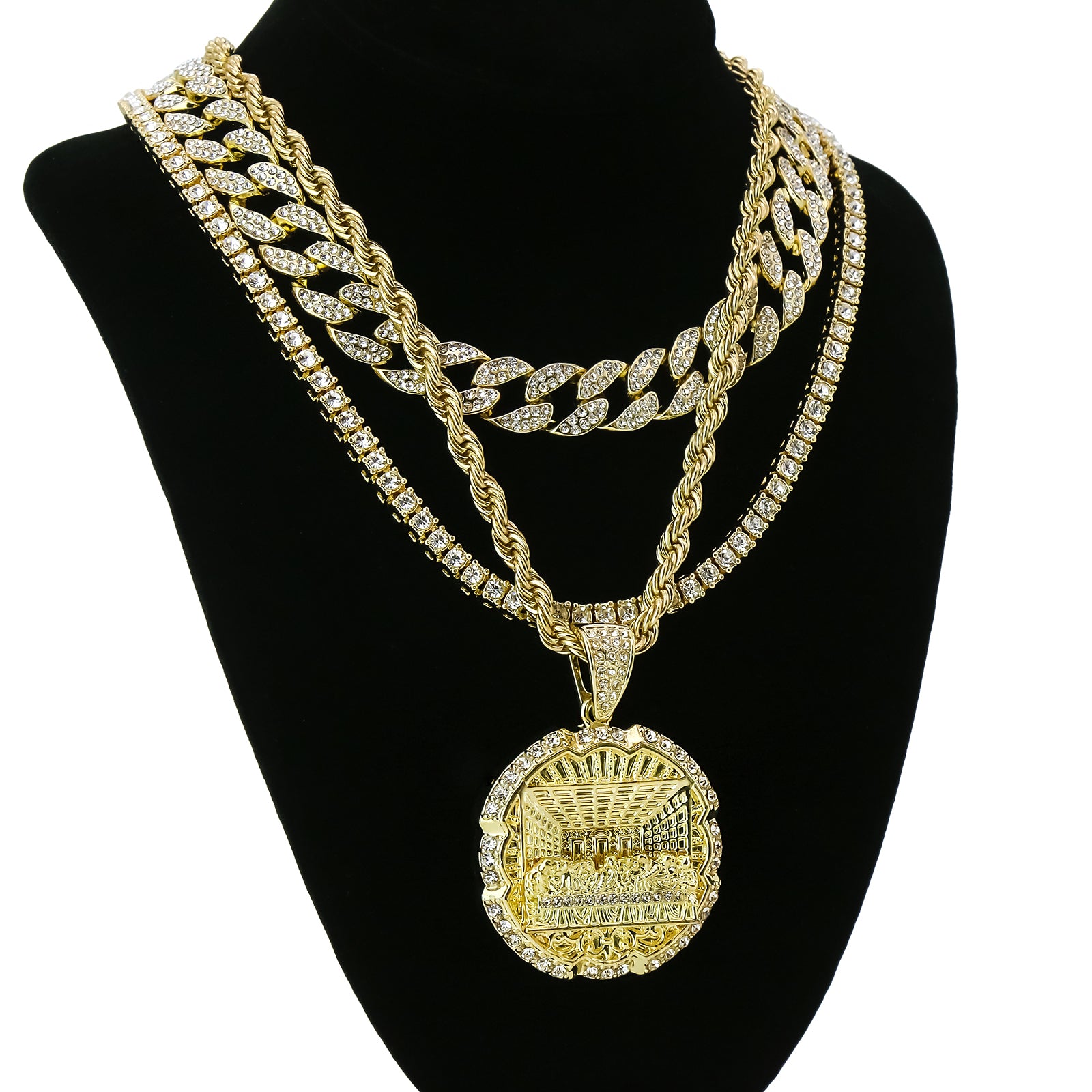 Round Last Supper 4 Pcs Set Clear Cz Cuban, Tennis & Rope Chain Bundle Gold PT