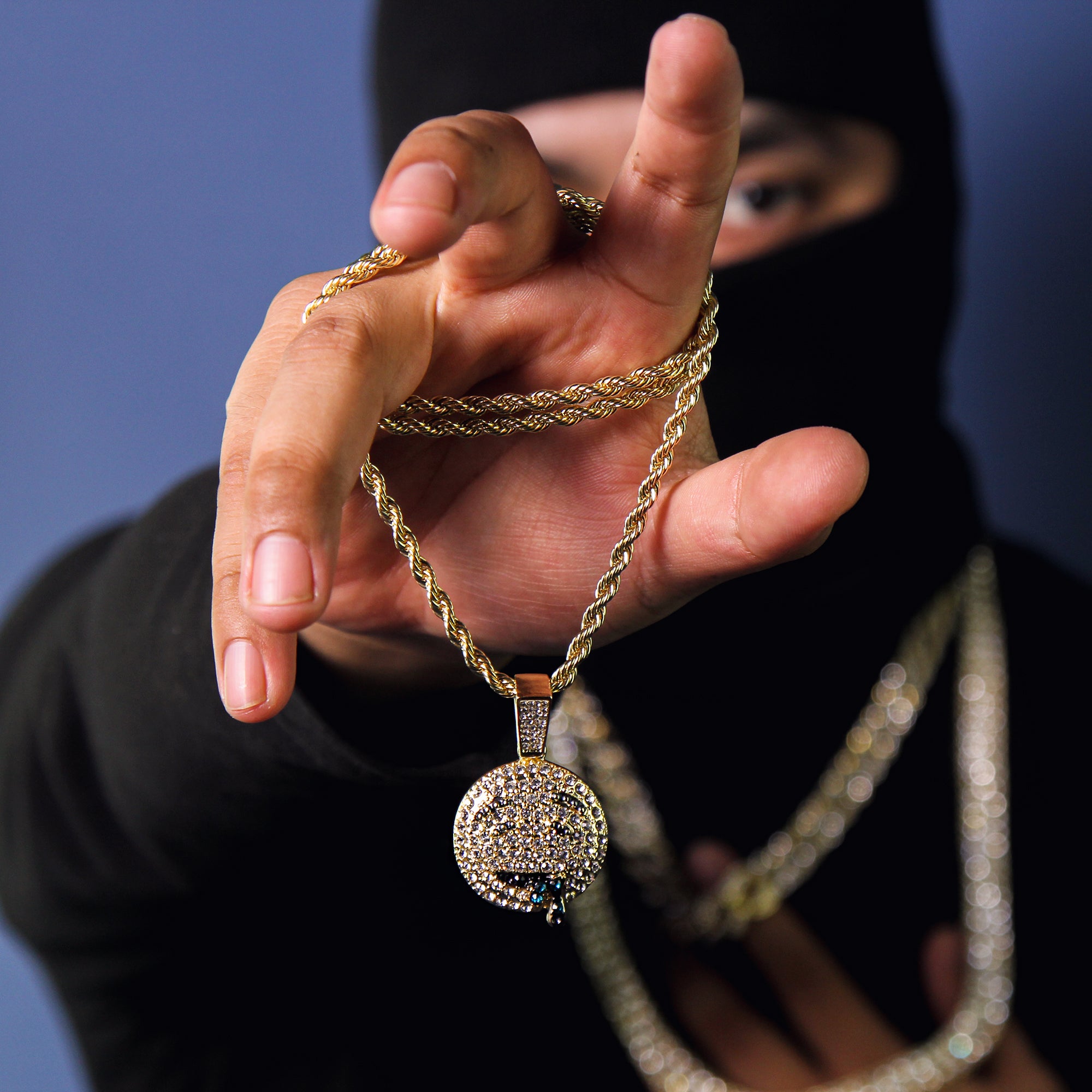 Exquisite Lit Emoji Face Pendant Rope Chain Men's Hip Hop 18k Cz Jewelry