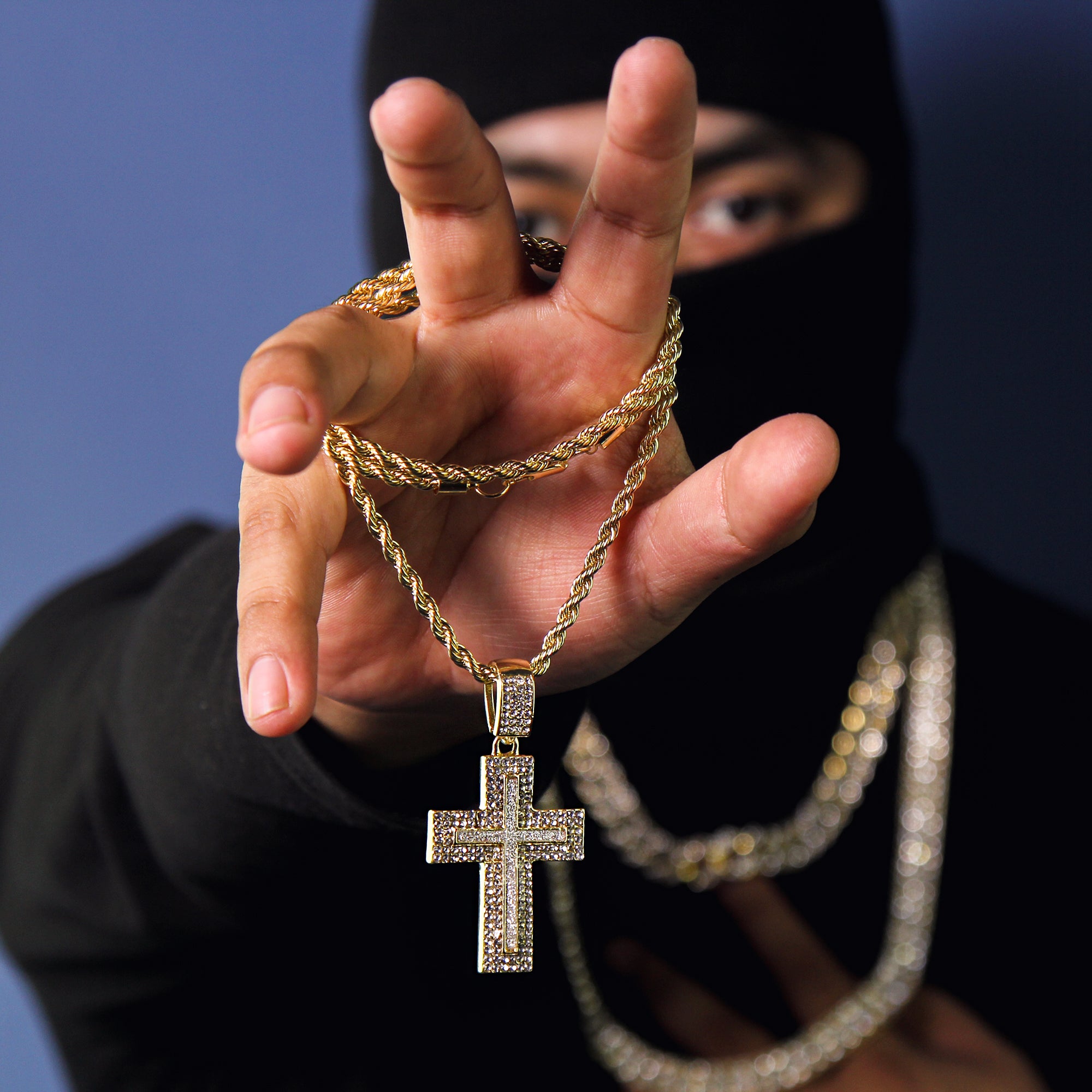 Exquisite AP Two Row Cross Pendant Rope Chain Men's Hip Hop 18k Cz Jewelry