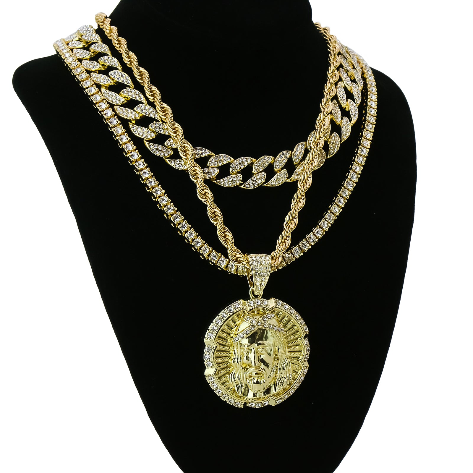 Round Jesus Piece 4 Pcs Set Clear Cz Cuban, Tennis & Rope Chain Bundle Gold PT