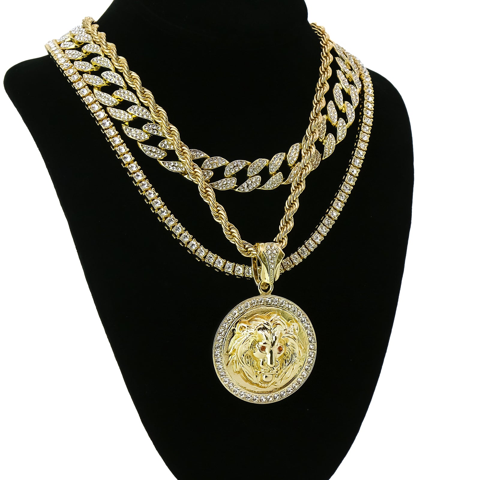 Round Lion Face Red Eye 4 Pcs Set Clear Cz Cuban, Tennis & Rope Chain Bundle Gold PT
