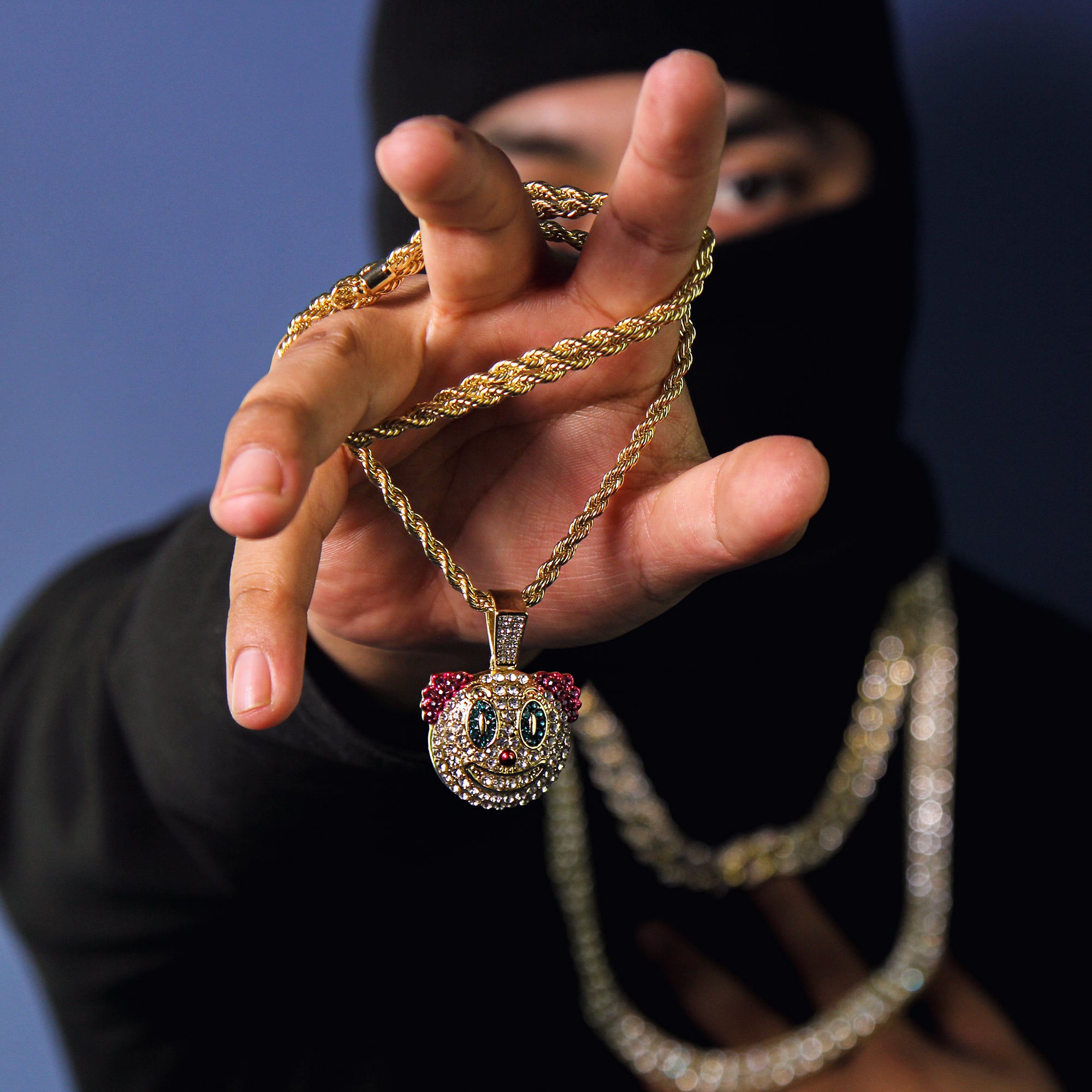 Exquisite Clown Emoji Pendant Rope Chain Men's Hip Hop 18k Cz Jewelry