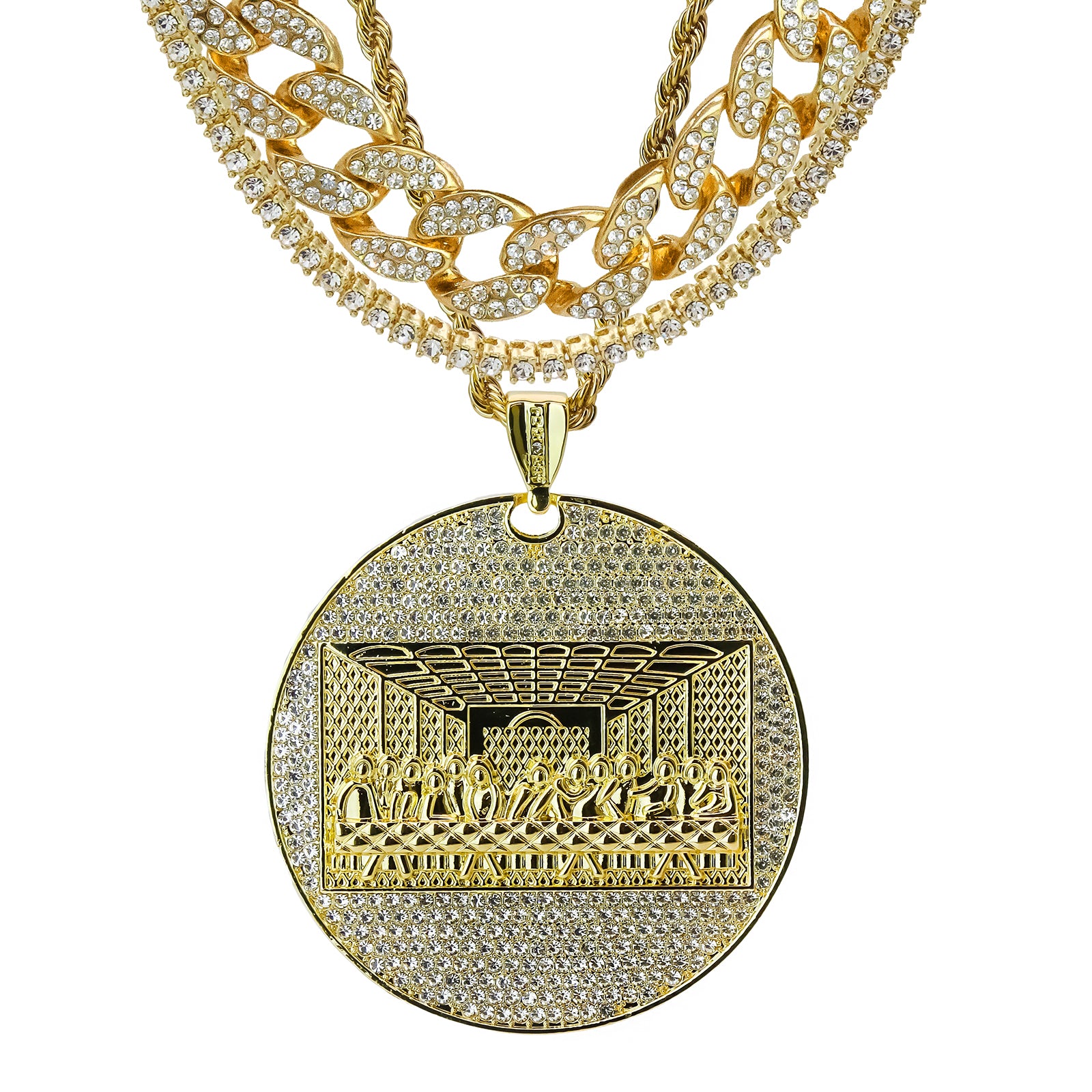 4PC Set β Huge Round Last Supper Pendant with Gold CZ Cuban, Tennis & Rope Chains